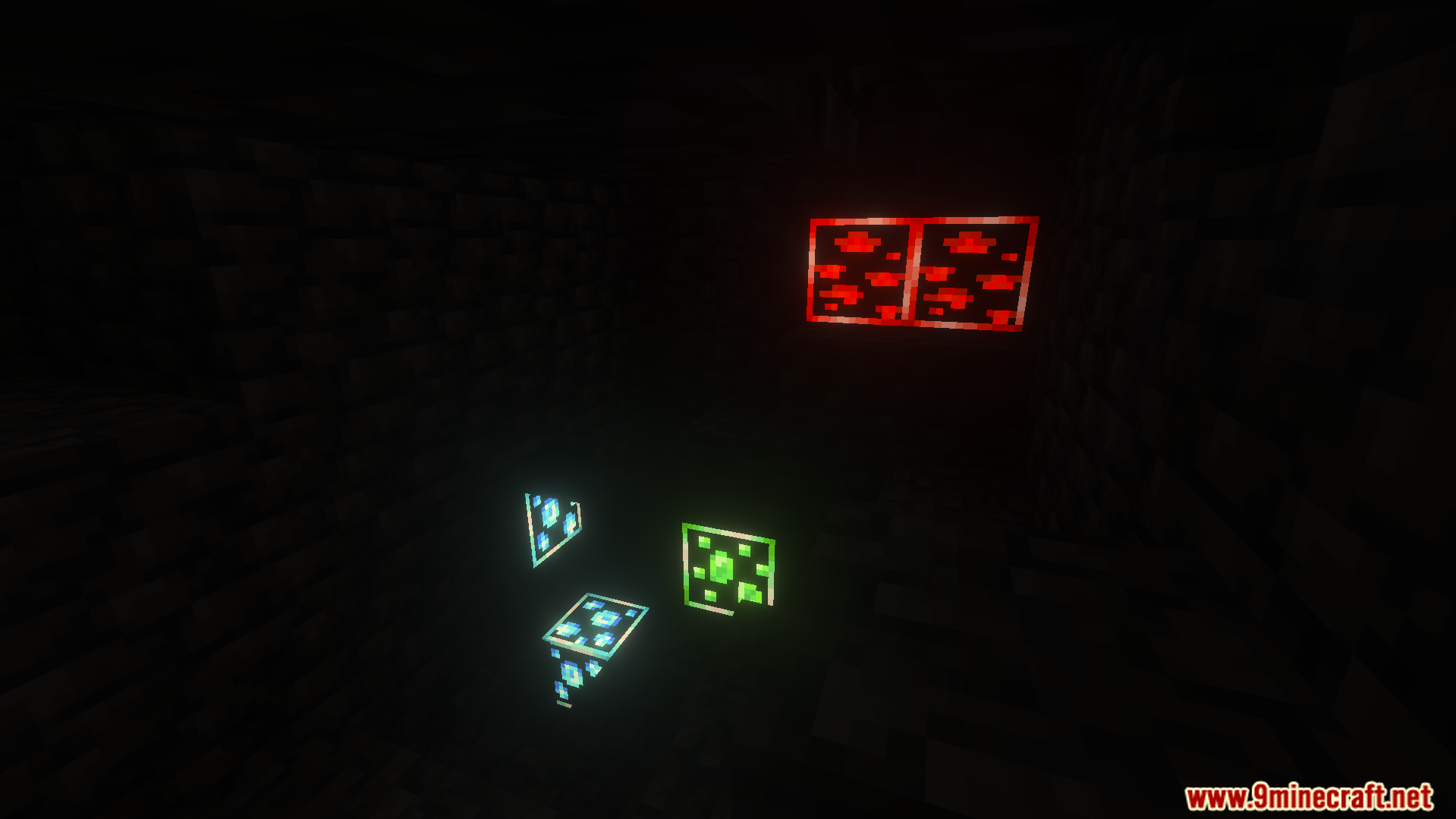 Better Glowing Ores Texture Pack Screenshot 8 Glowing diamond emerald and redstone ores in a dark cave