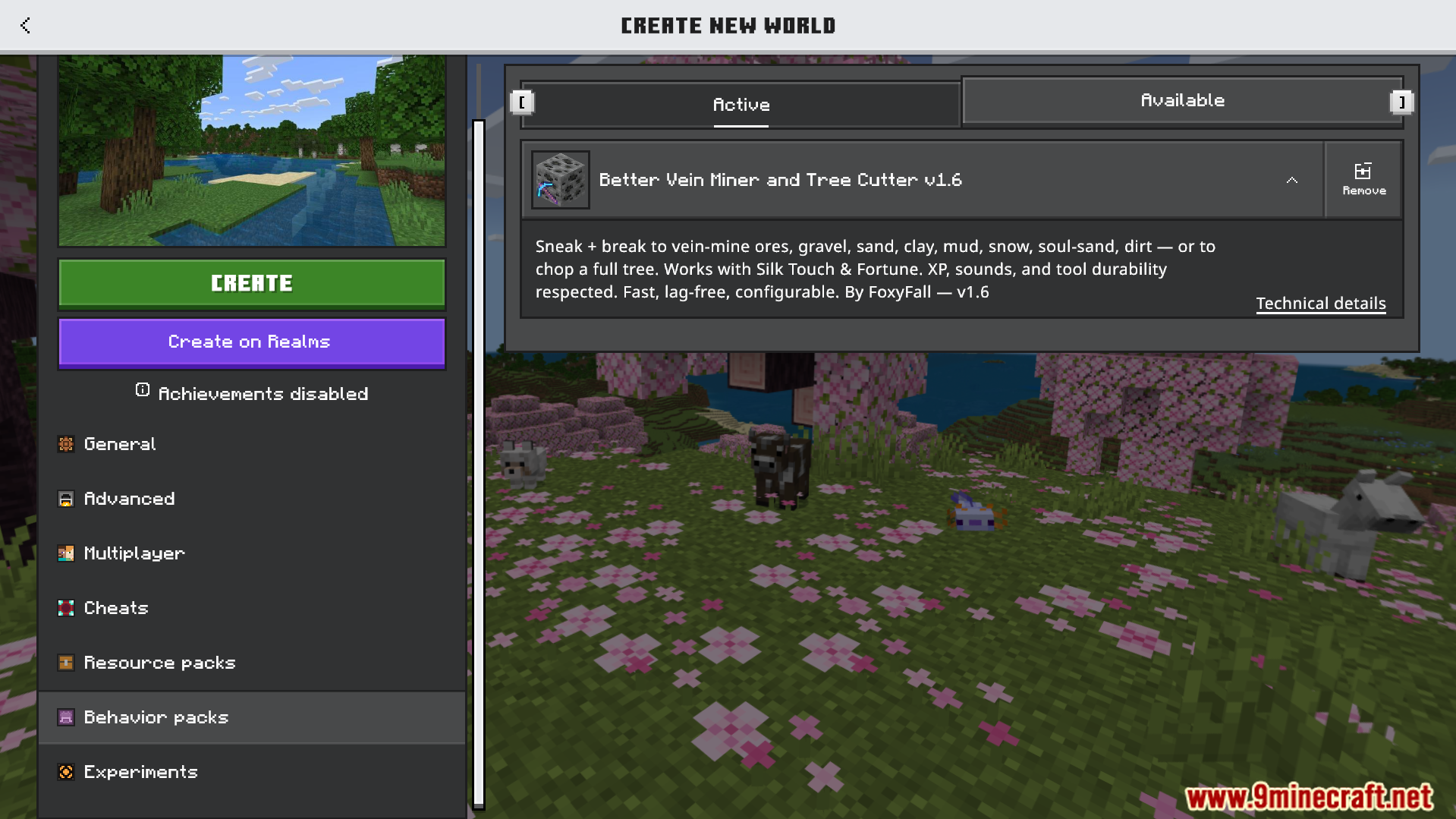 world creation menu showing the active better vein miner and tree cutter addon