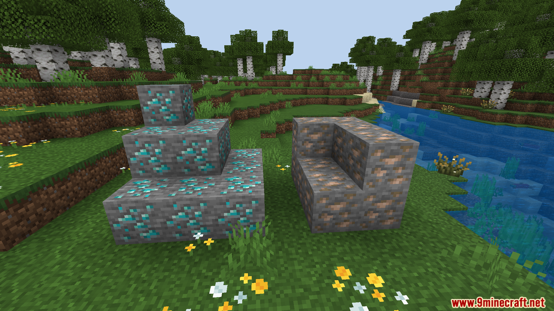 connected diamond and iron ores placed on grass to mine automatically when sneaking