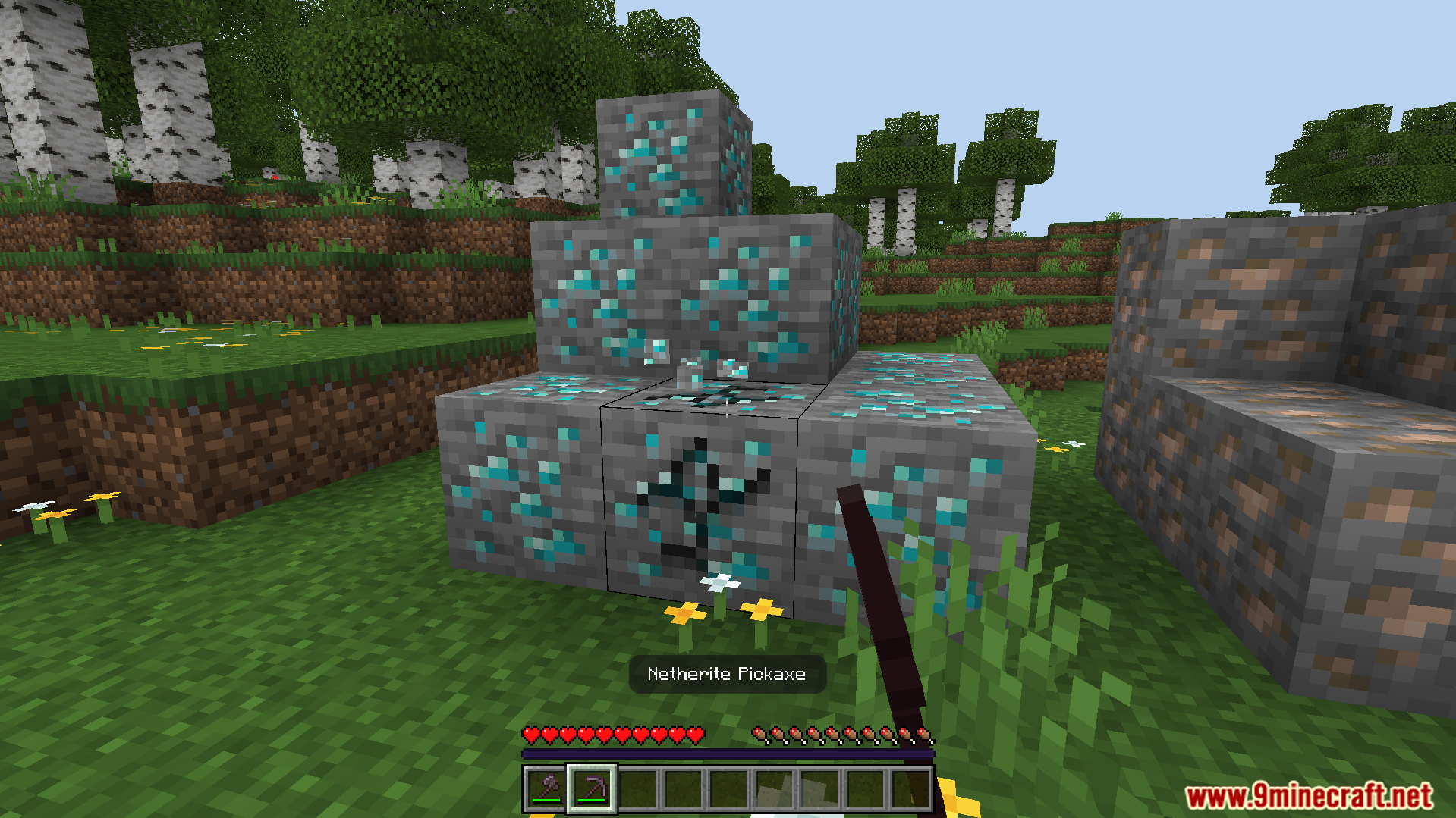 Player preparing to mine a cluster of connected diamond ores