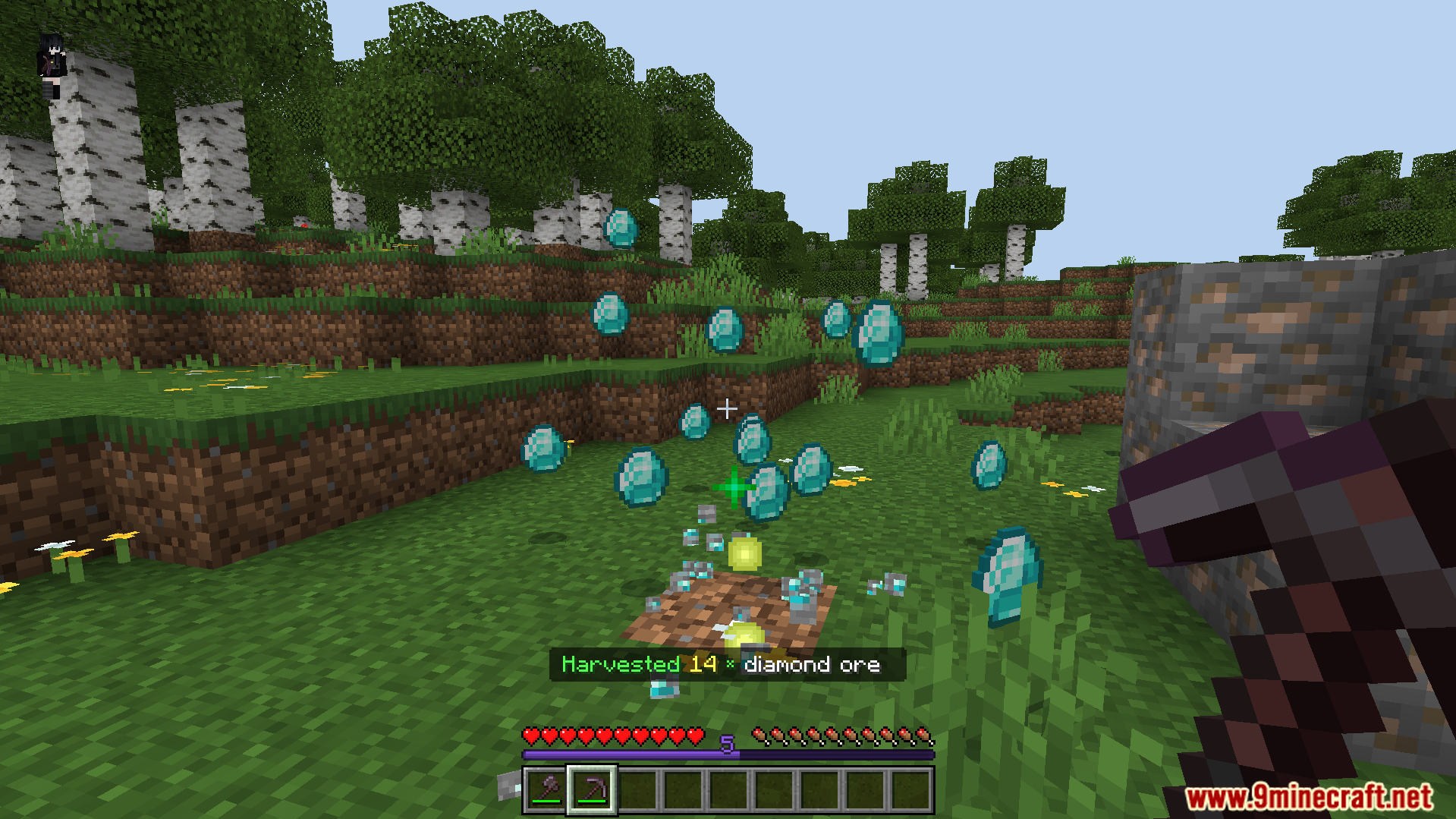 Breaking one block to harvest fourteen connected diamond ores at once