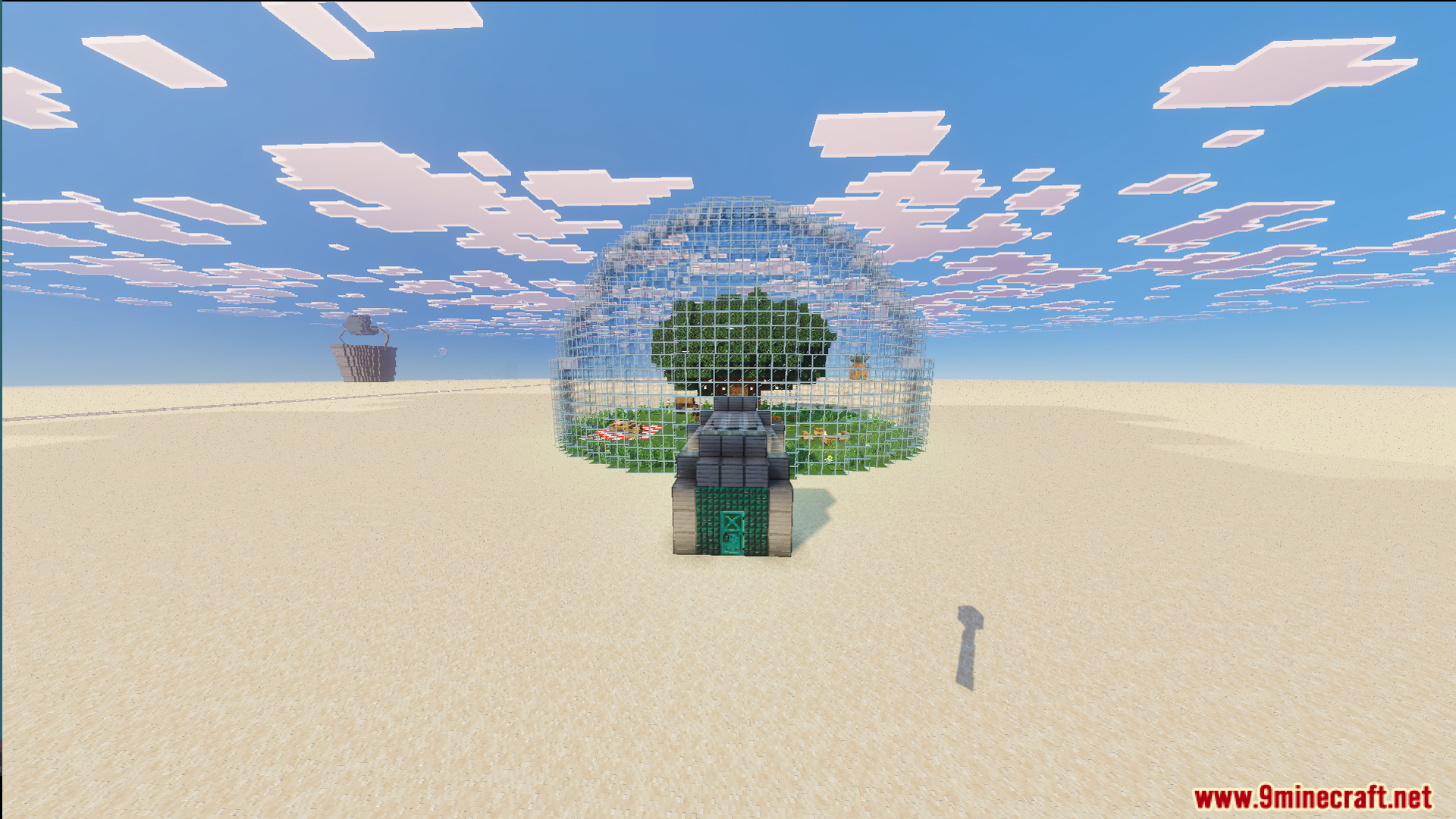 Exterior view of a glass dome structure in a flat sandy world