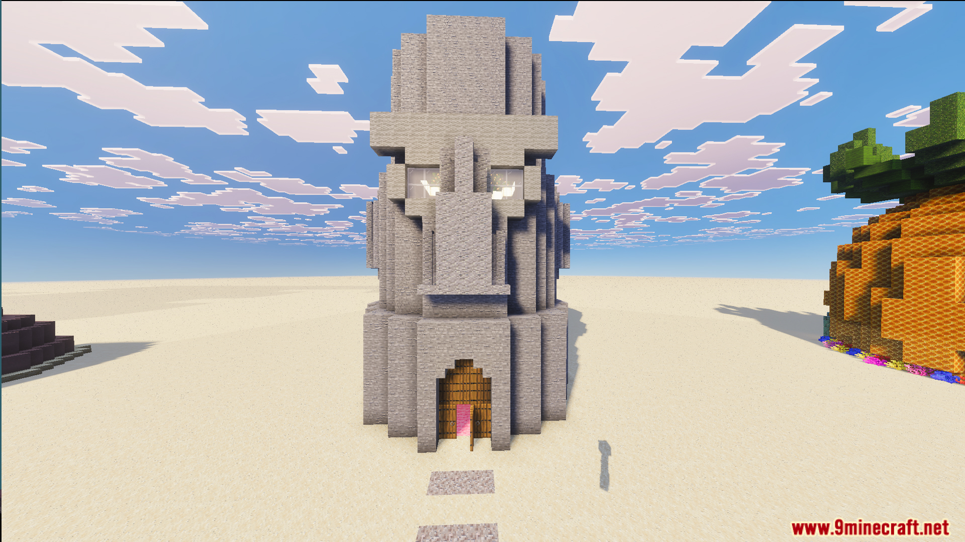 Detailed stone head house of a character in the Bikini Bottom map