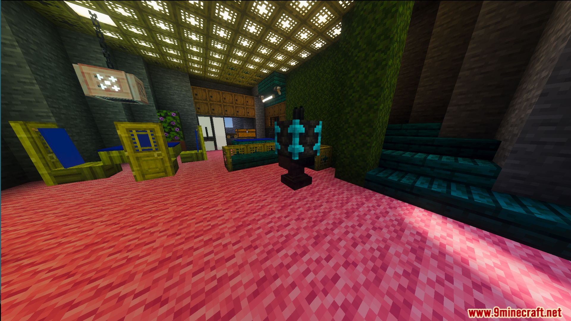 Fully decorated interior of a character home with pink carpet and teal stairs