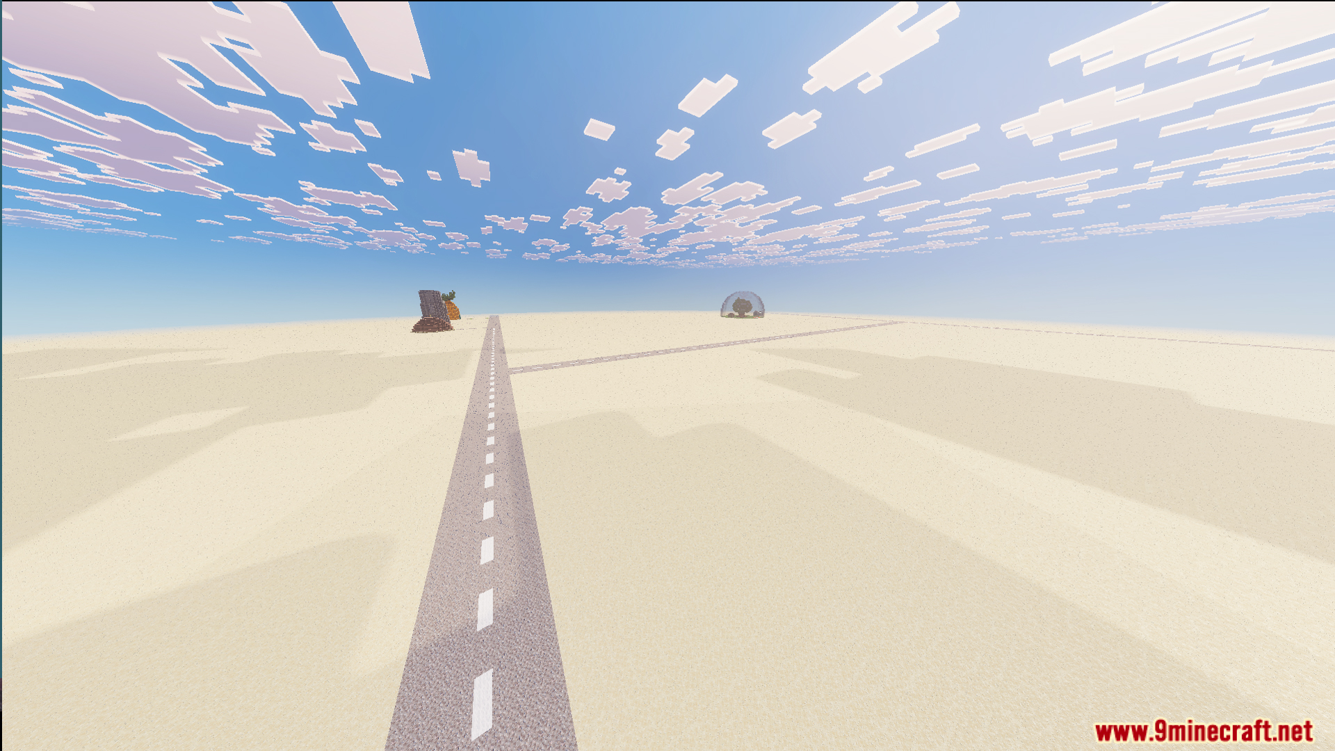 Sandy Cheeks glass dome house visible at the end of a long road