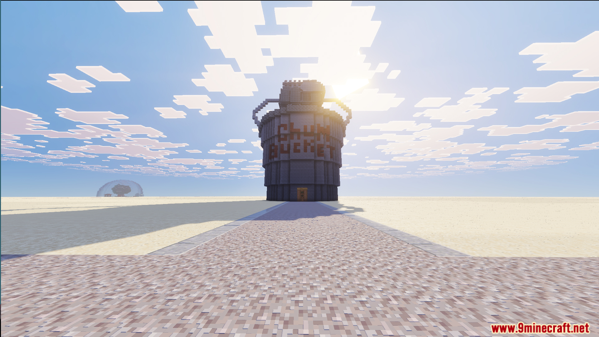 Detailed view of the Chum Bucket restaurant building from the Minecraft map