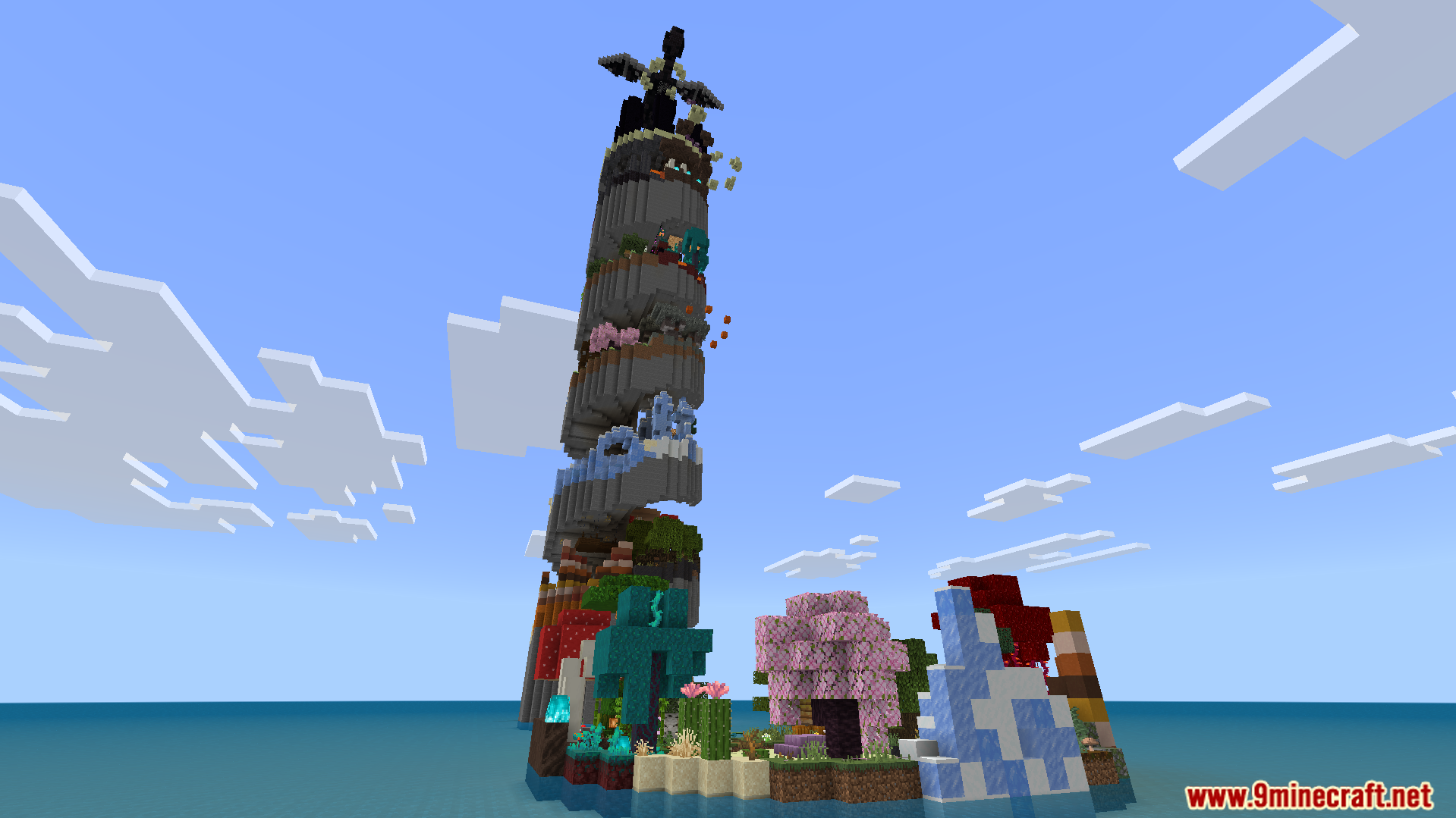 Biome Spiral Parkour Map Screenshot 2 A giant parkour tower floats in the sky with many biomes