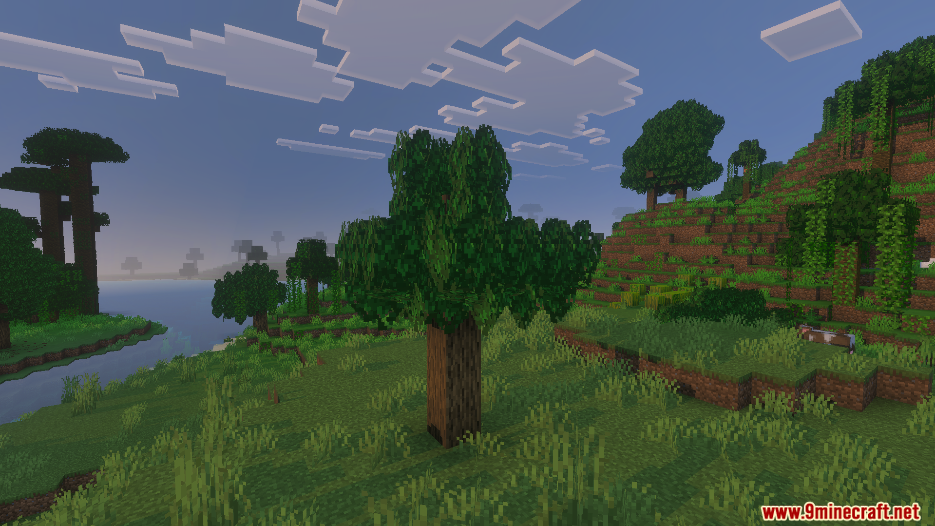 Bushy Trees Texture Pack Screenshot 2 Minecraft landscape featuring trees with dense and fluffy green leaf textures
