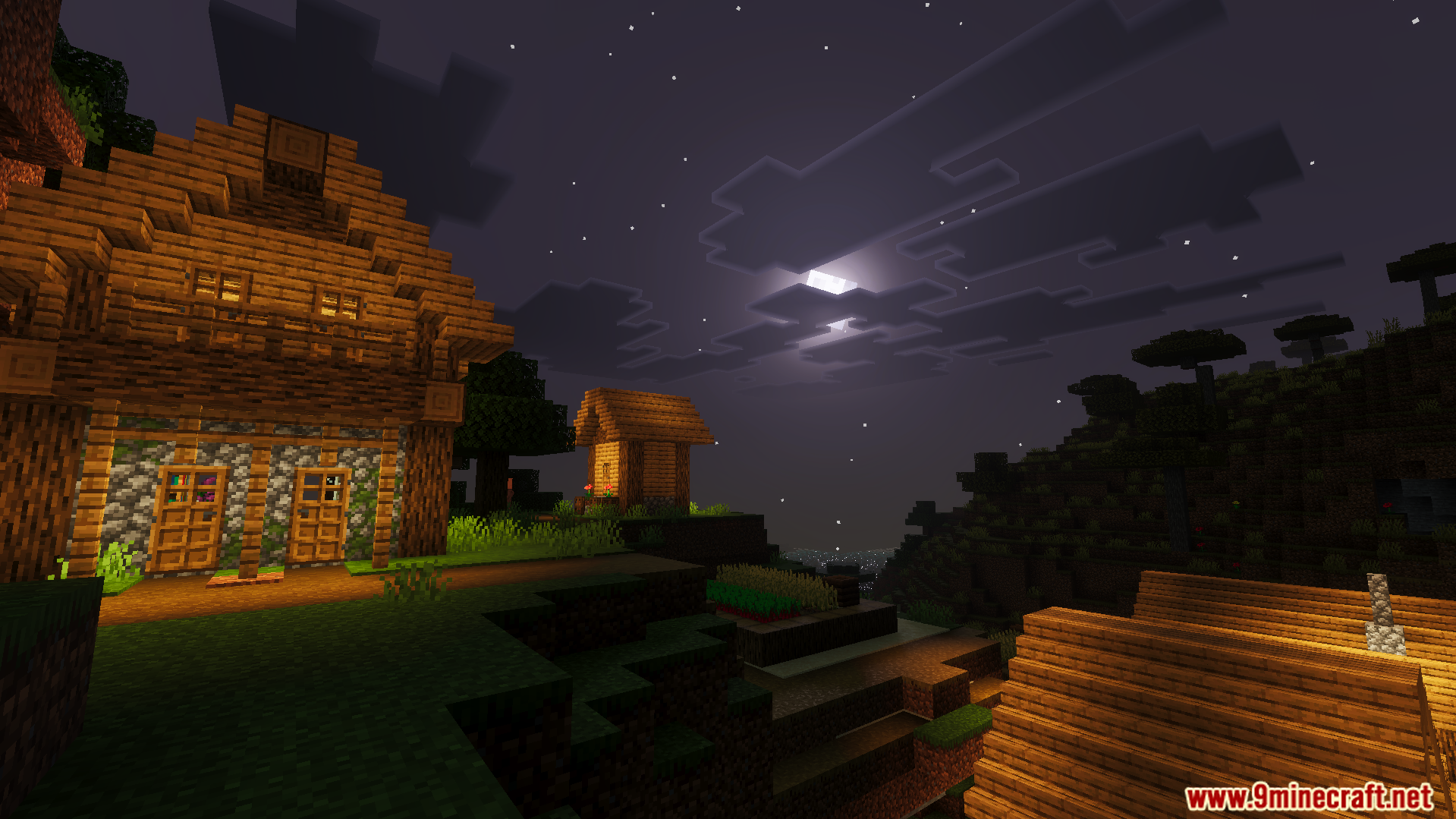 Cloud Visual Shader Screenshot 5 Soft moonlight illuminates a cozy wooden house and village path at night