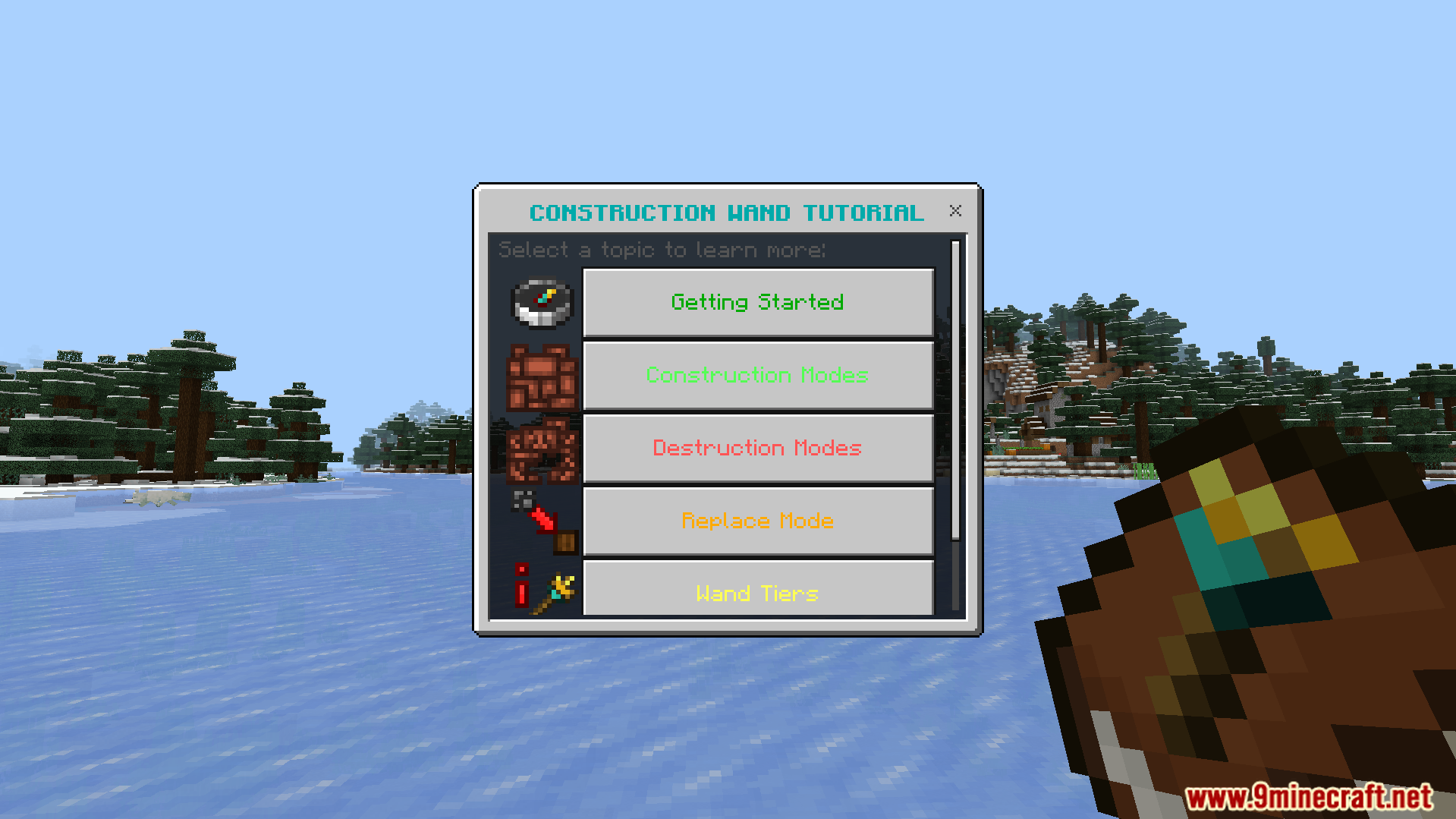 Construction Wands Addon Screenshot 2 A player is viewing the construction wand tutorial menu in the game