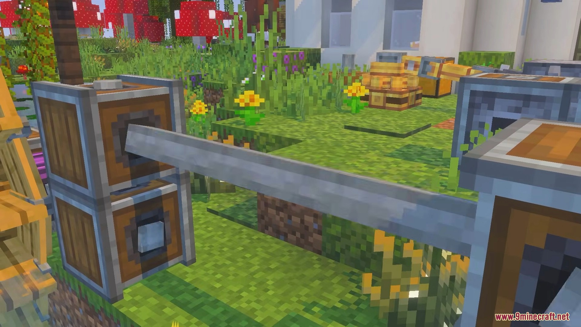 Create Bedrock Addon Screenshot 3 Wooden mechanical blocks connected by a metal shaft in a garden