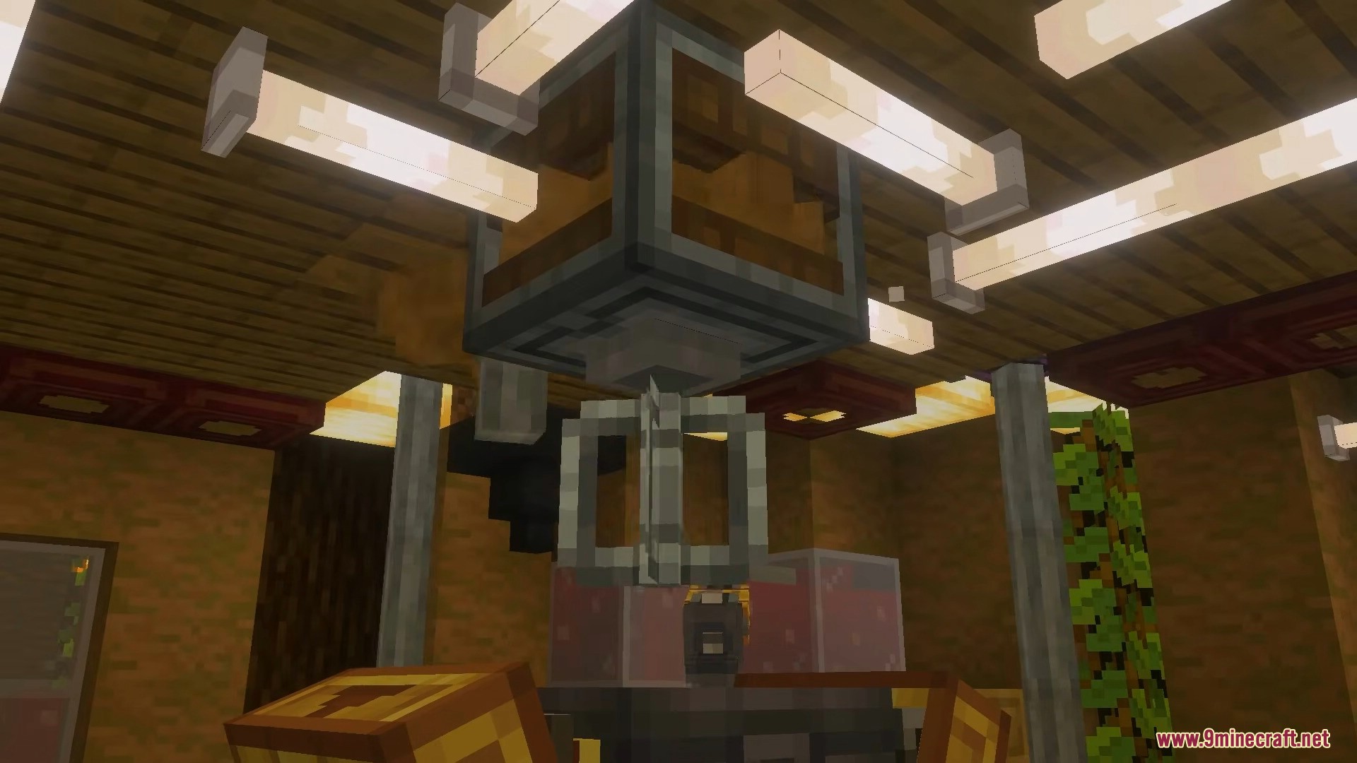 Create Bedrock Addon Screenshot 4 Mechanical mixer machine hanging from the ceiling above a crafting basin