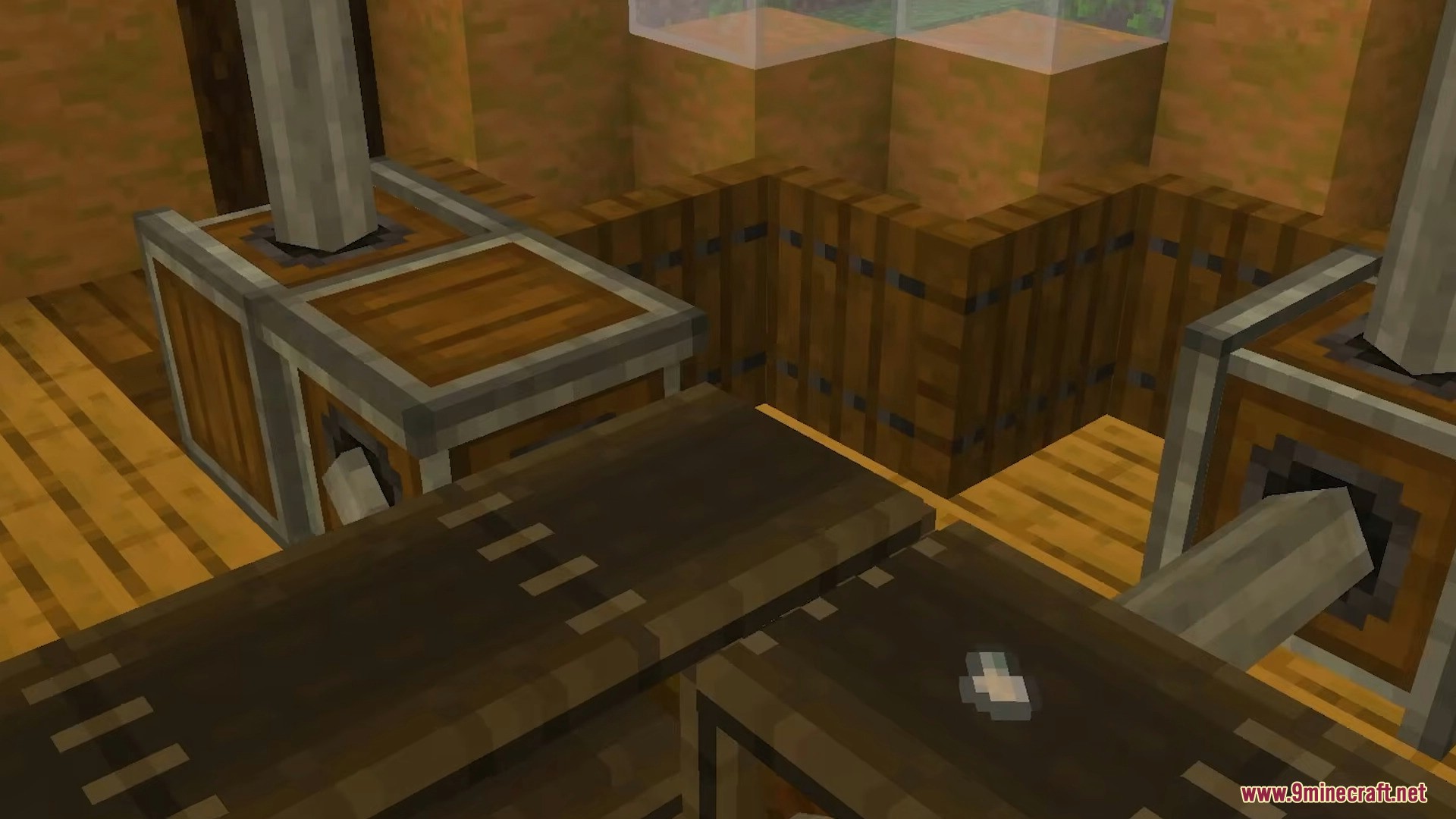 Create Bedrock Addon Screenshot 5 Conveyor belt moving small items between processing machines in a wooden factory setup