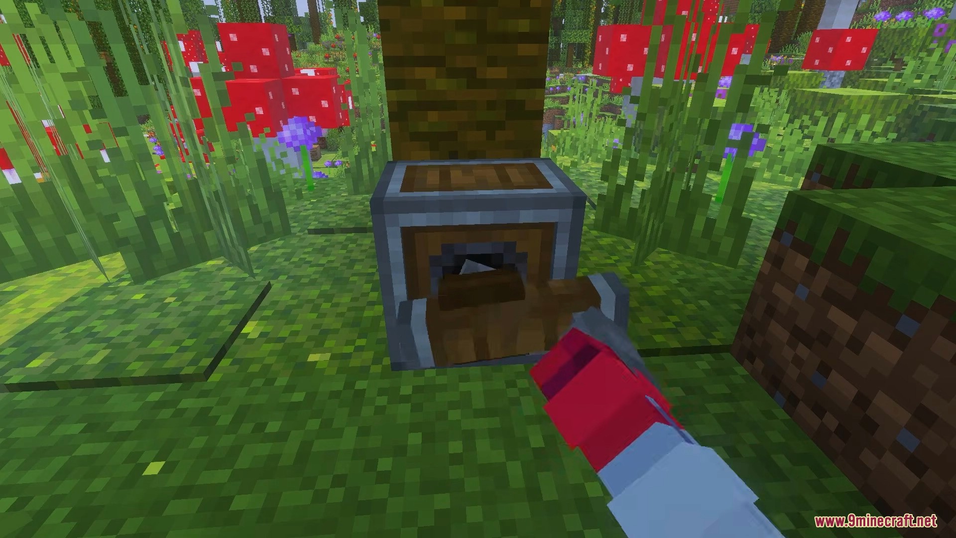 Create Bedrock Addon Screenshot 8 Player using a wrench tool on a mechanical saw block near a tree