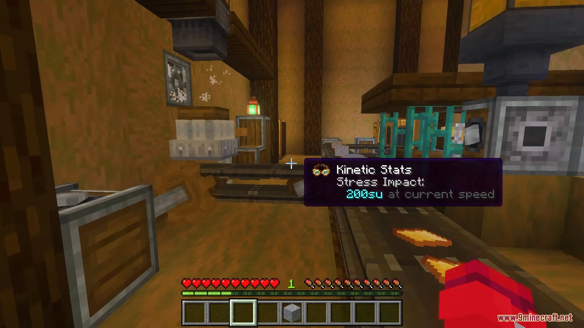 Create Bedrock Addon Screenshot 13 Player viewing kinetic stats and stress impact on a mechanical belt system
