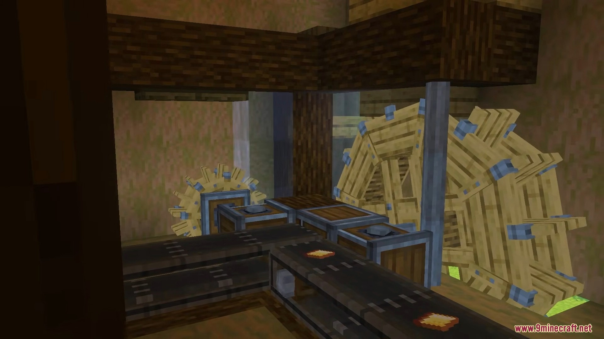 Create Bedrock Addon Screenshot 15 A complex machine setup featuring large wooden water wheels and conveyor belts