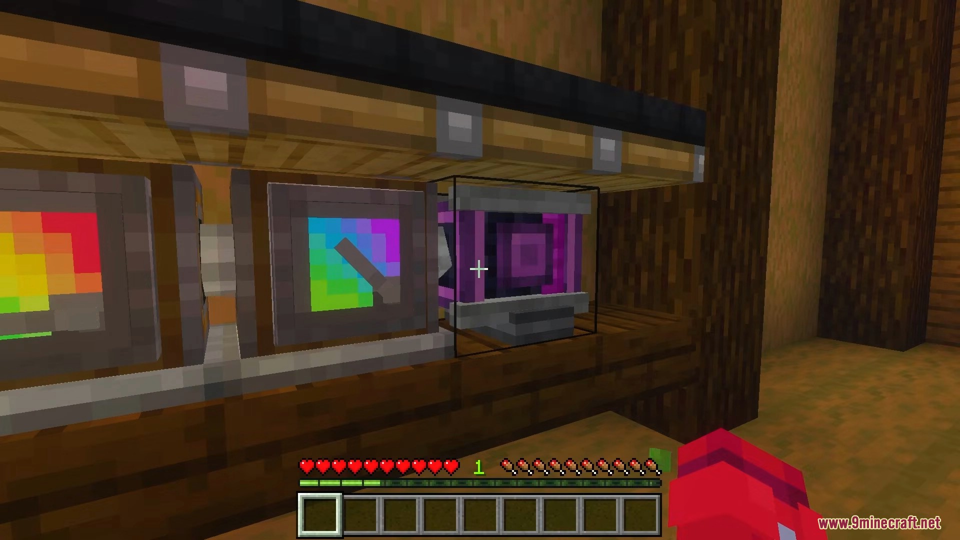 Create Bedrock Addon Screenshot 16 A player interacting with a purple machine block with a colorful screen