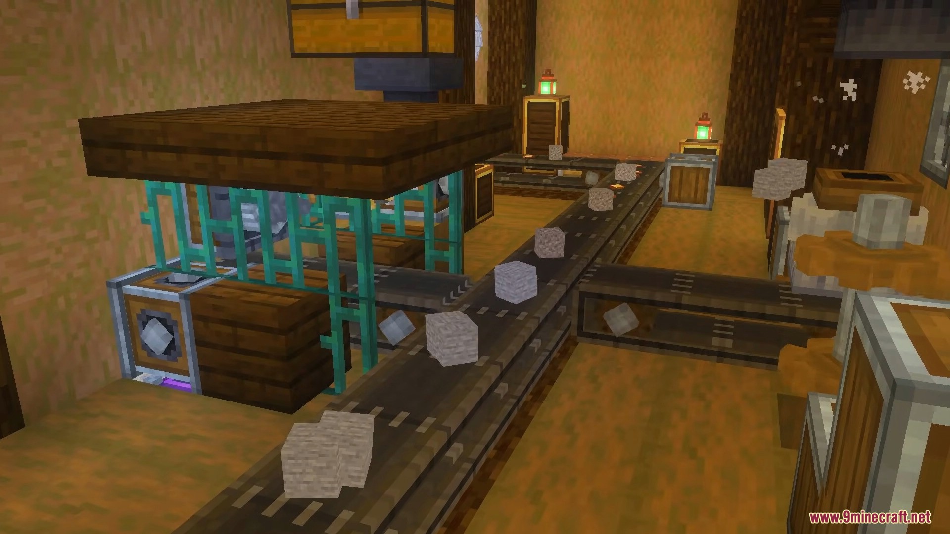 Create Bedrock Addon Screenshot 17 Conveyor belts moving cobblestone blocks through an automated processing machine setup