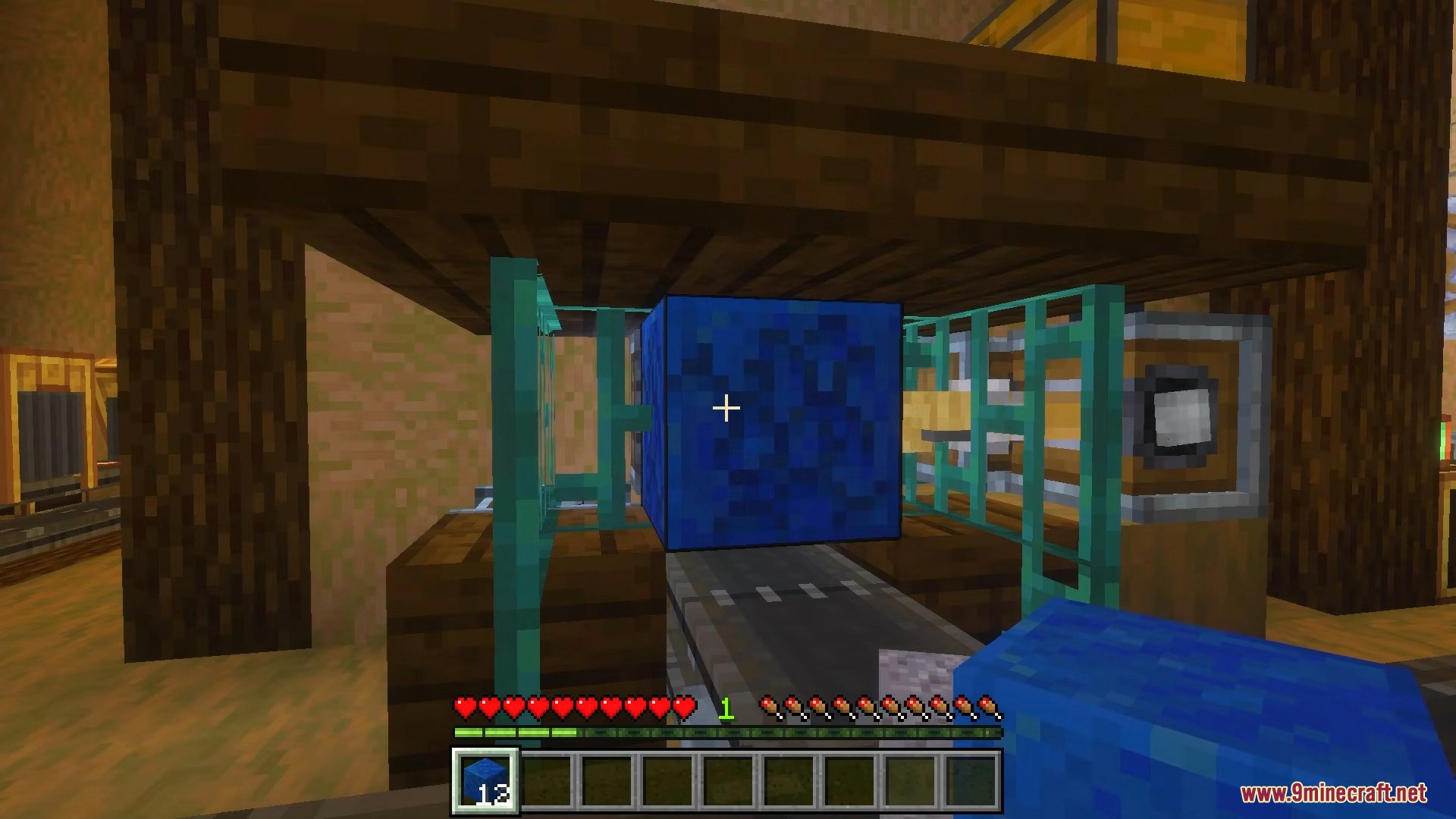 Create Bedrock Addon Screenshot 18 Player building an automated washing mechanism over a moving conveyor belt system