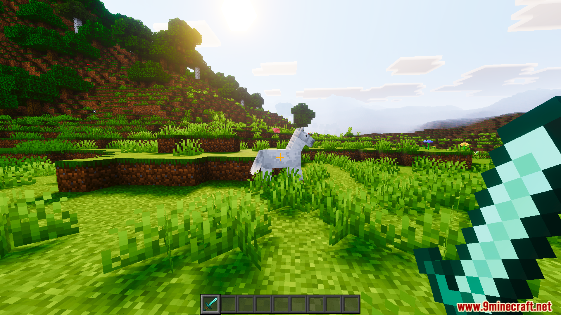 Crosshair Indicator Texture Pack Screenshot 7 Player holding a diamond sword looking at a white horse in the field
