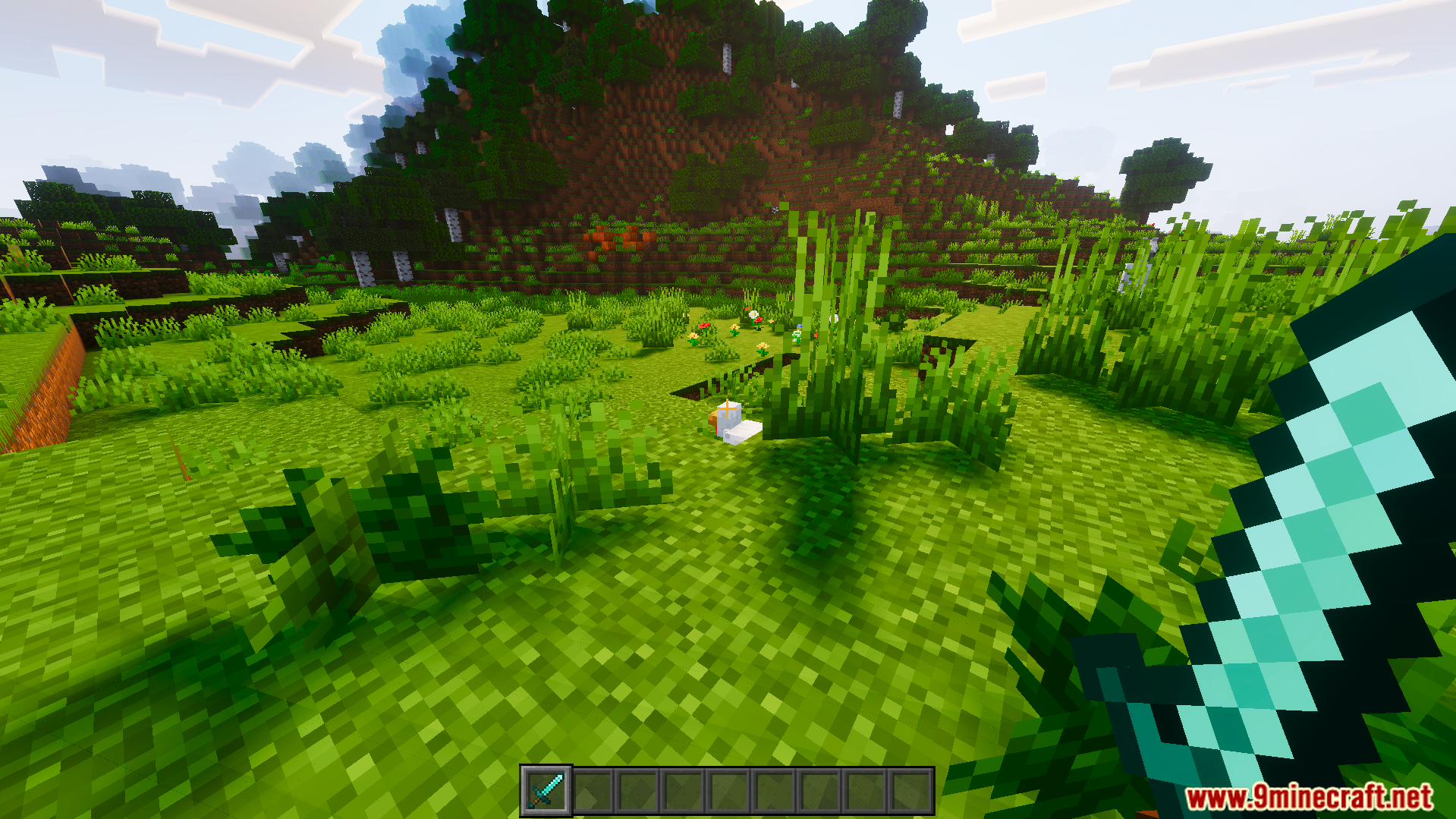 Crosshair Indicator Texture Pack Screenshot 9 Player holding a diamond sword looking at a chicken in a grassy field