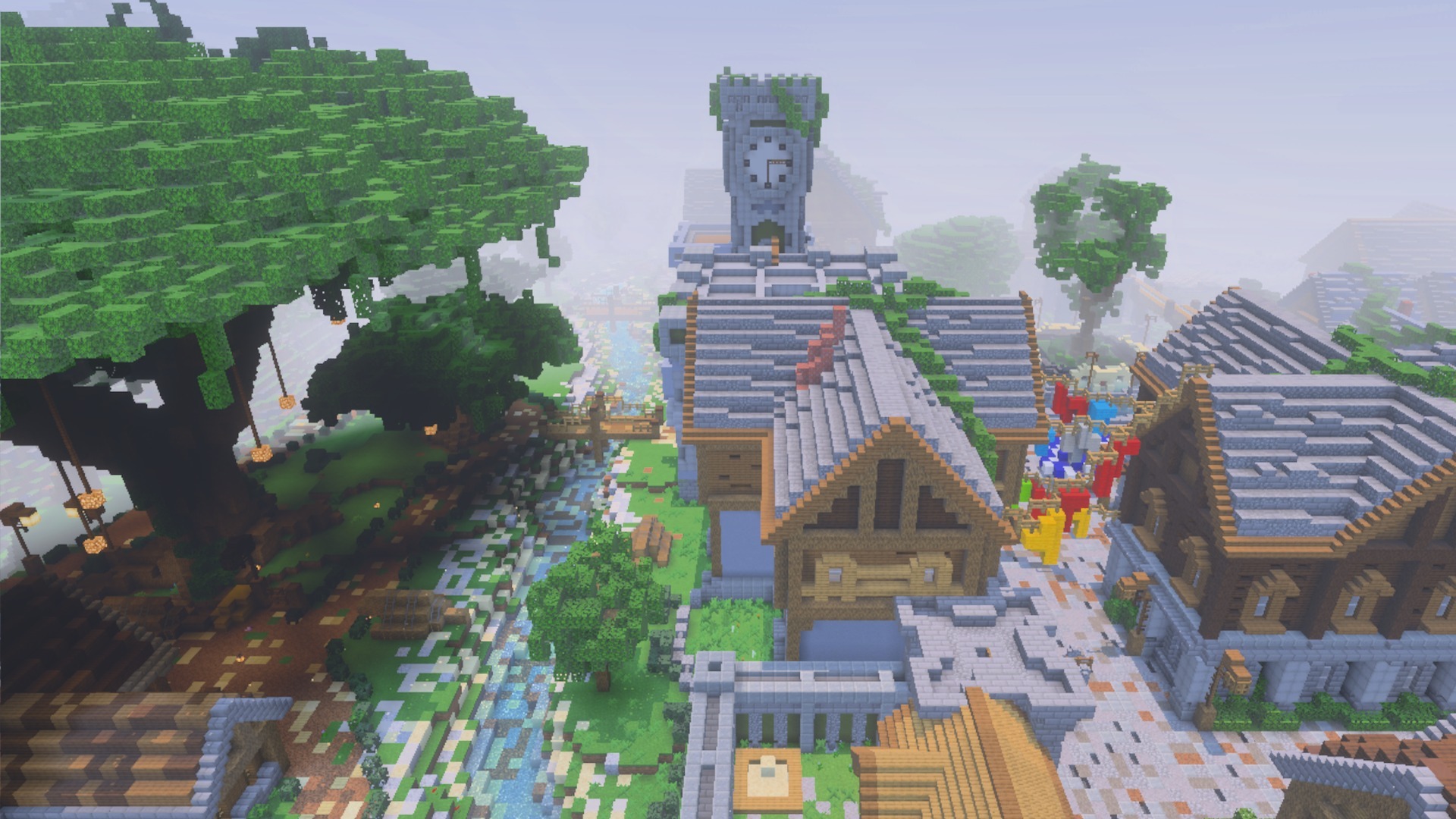 Aerial view of a Minecraft village with a giant tree and a clock tower