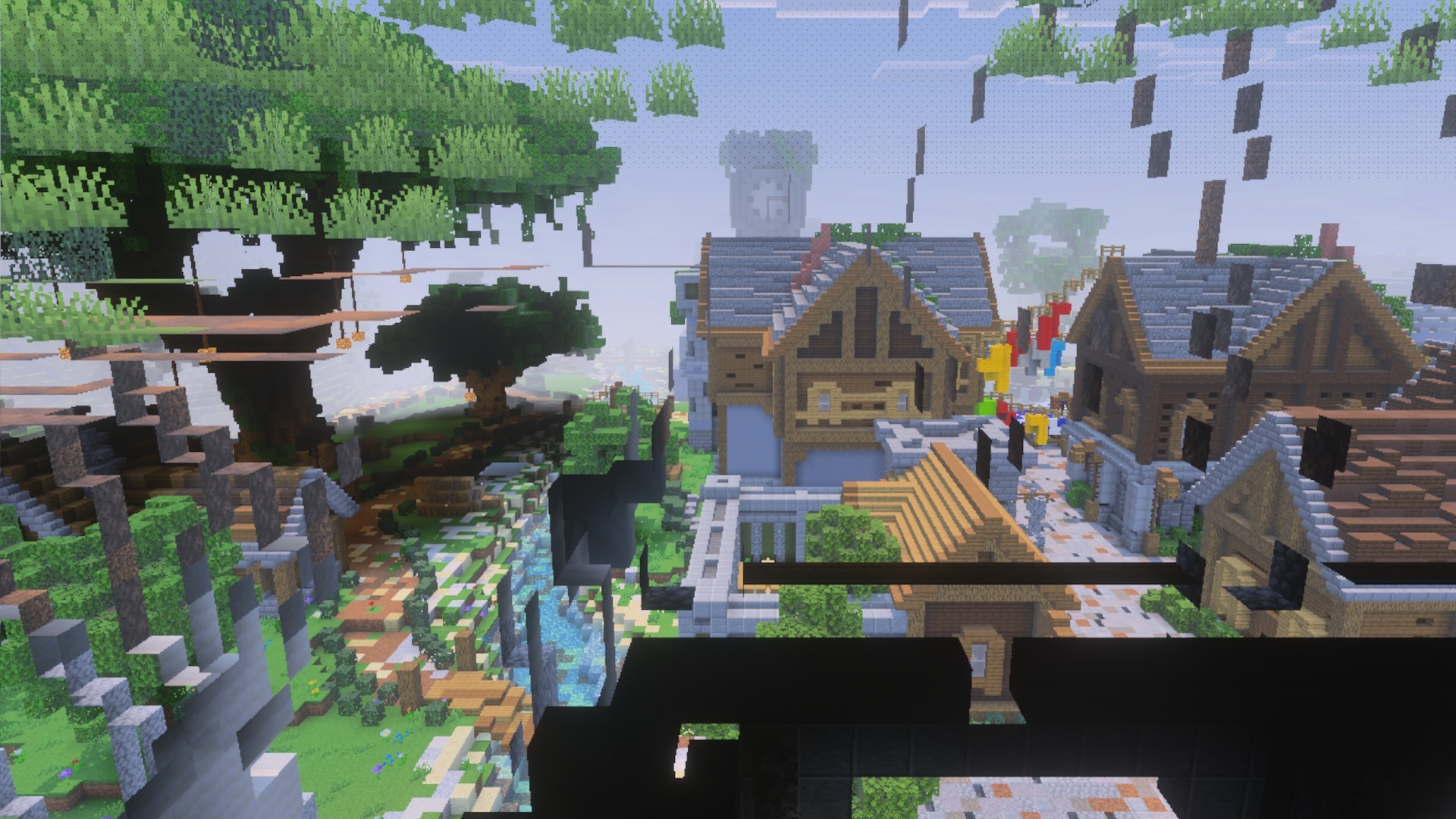 An elevated view of a Minecraft town with wooden houses and floating leaves