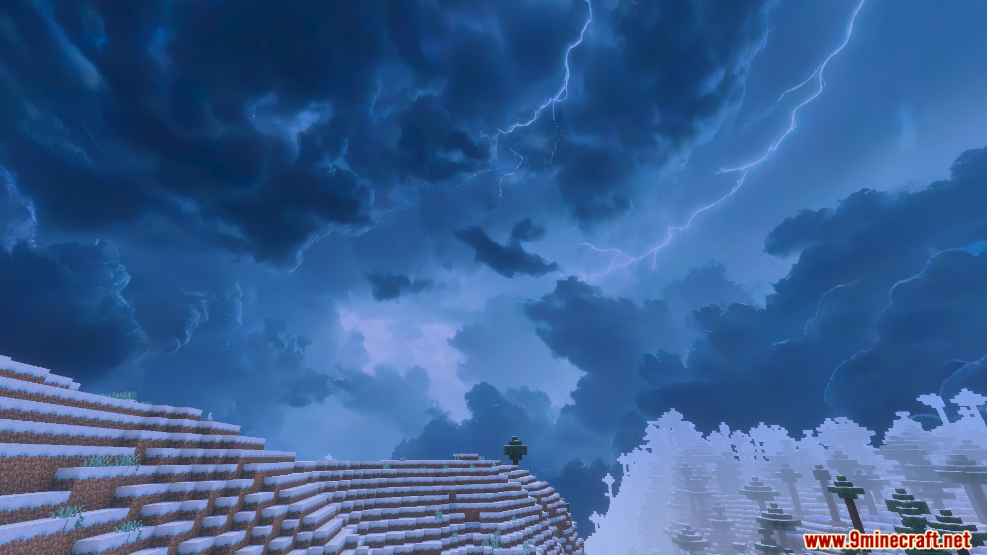 Dark stormy sky with lightning over a snowy mountain and forest landscape
