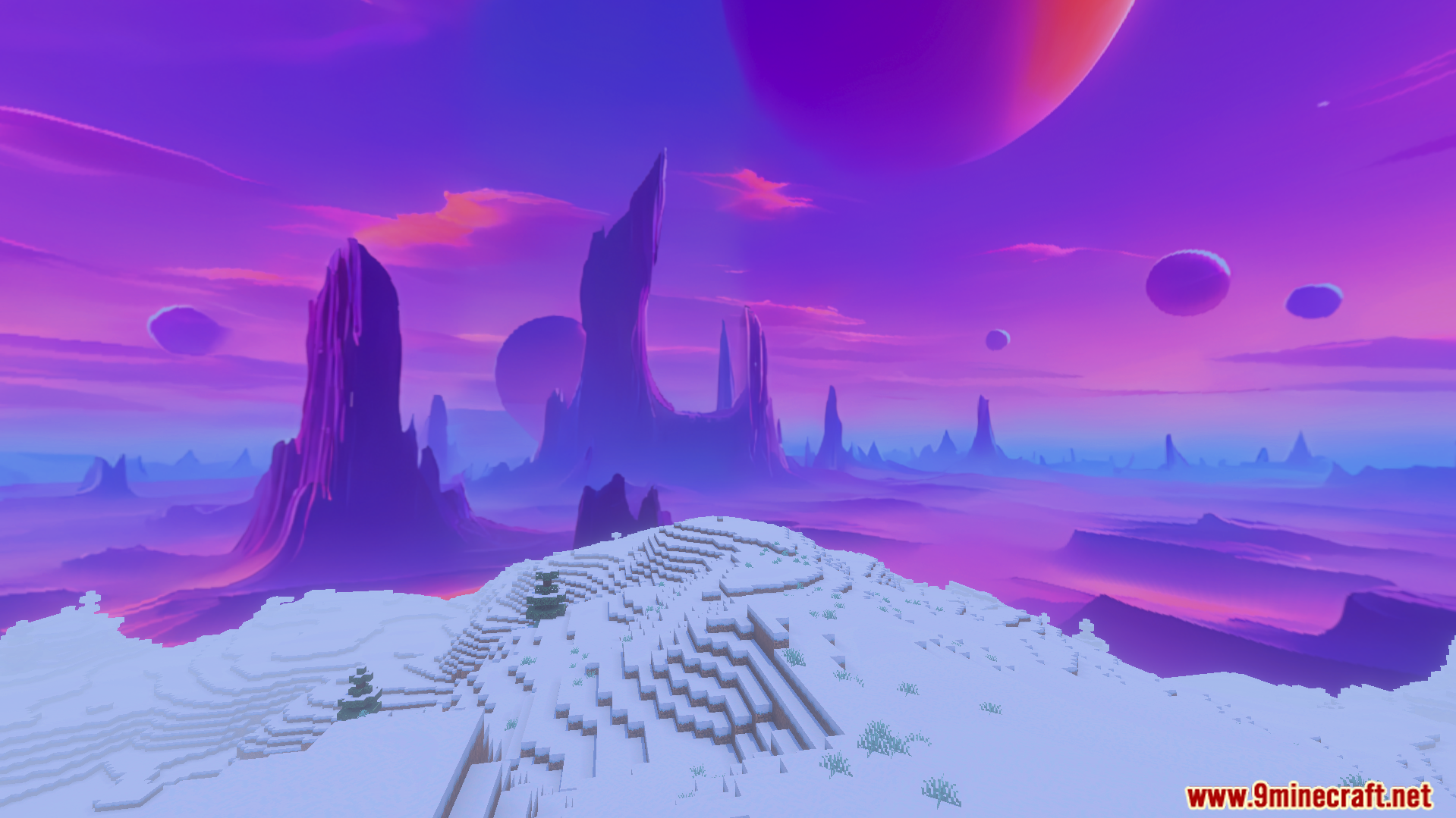 Snowy landscape under a purple sky with planets and tall rock formations