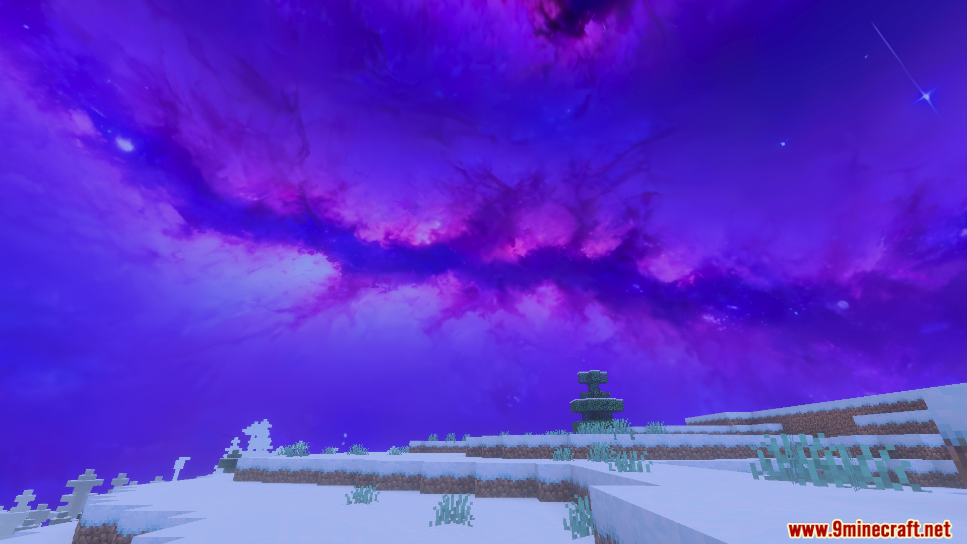 Snowy terrain beneath a vibrant purple nebula galaxy sky design