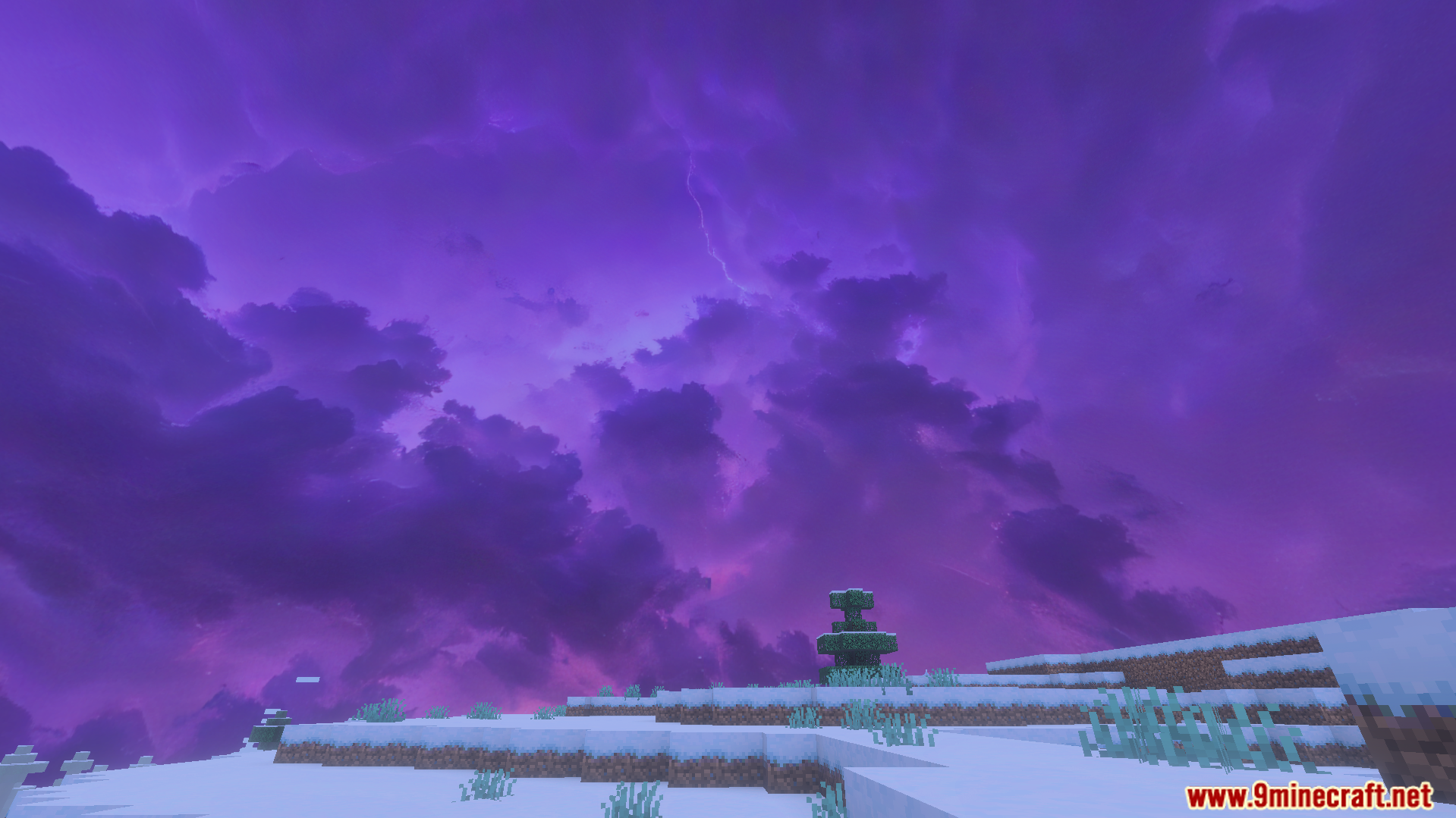 Purple storm clouds over snowy landscape in Minecraft PE