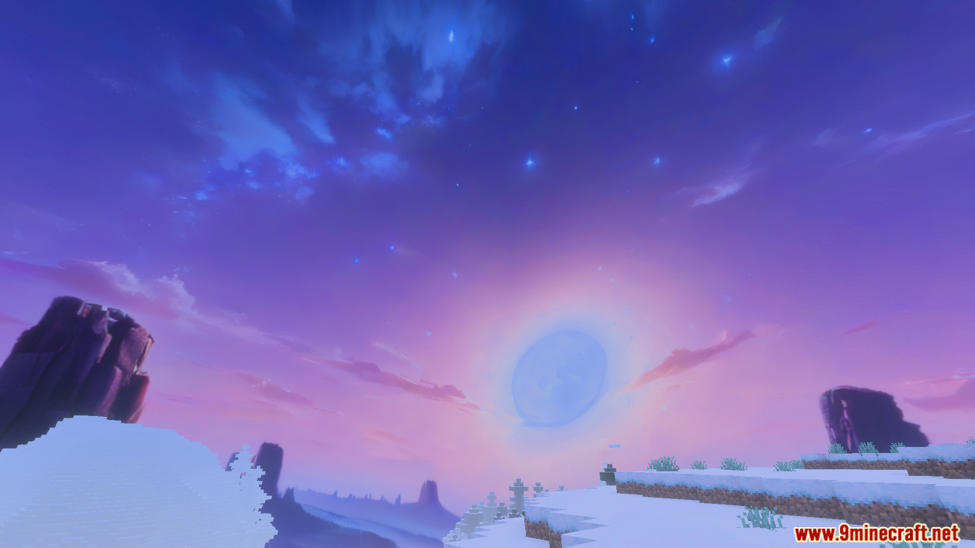 Bright nebula galaxy sky over snowy terrain in Minecraft PE