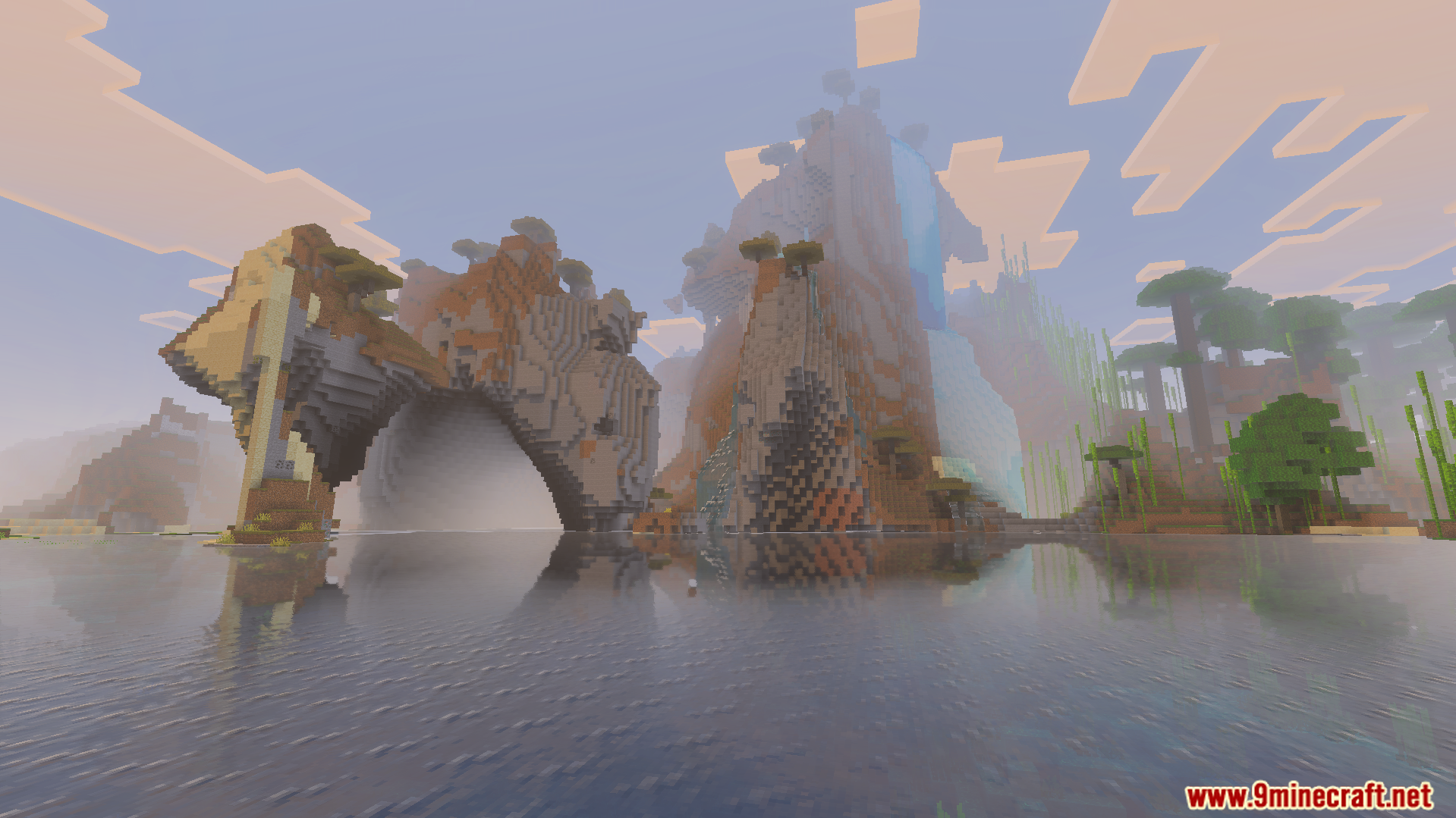 Scenic Minecraft landscape with a large stone archway and realistic water reflections
