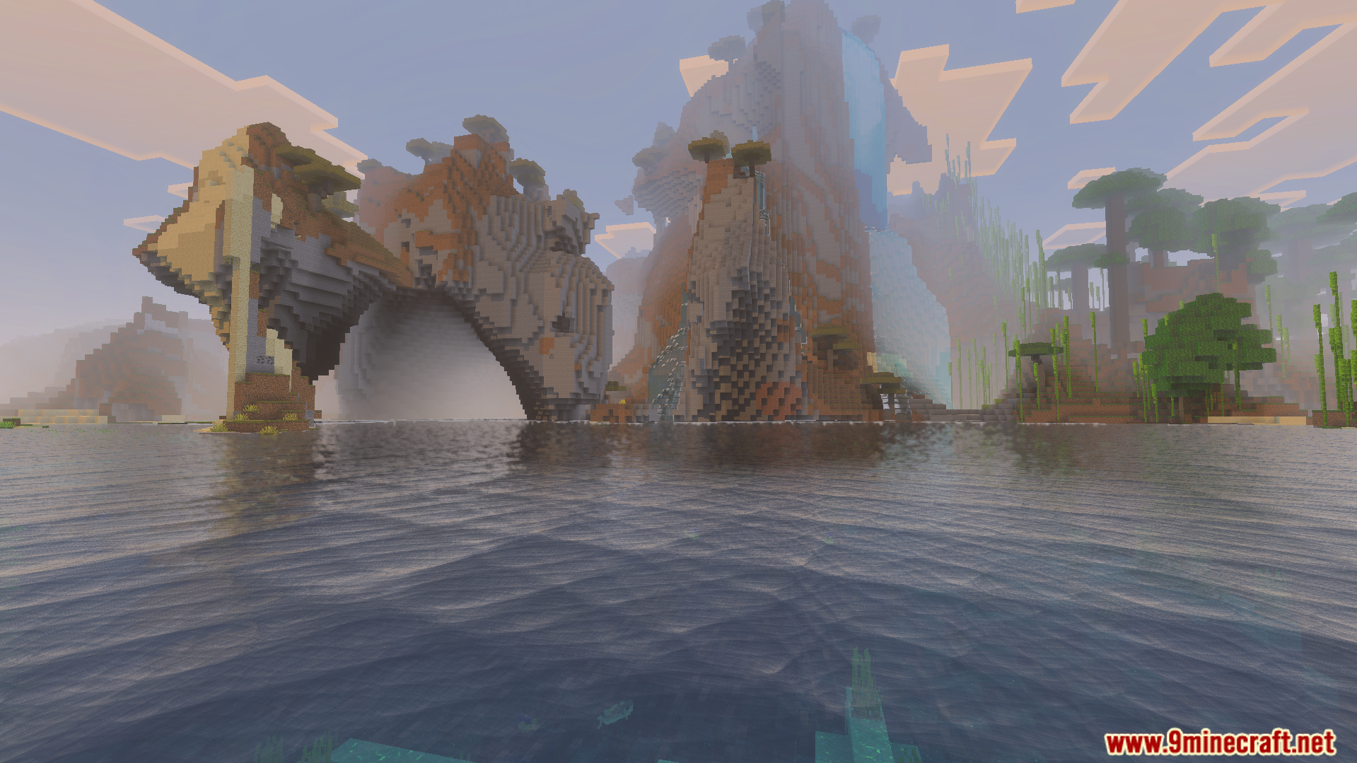 Scenic view of a Minecraft world with realistic wavy water and mountains