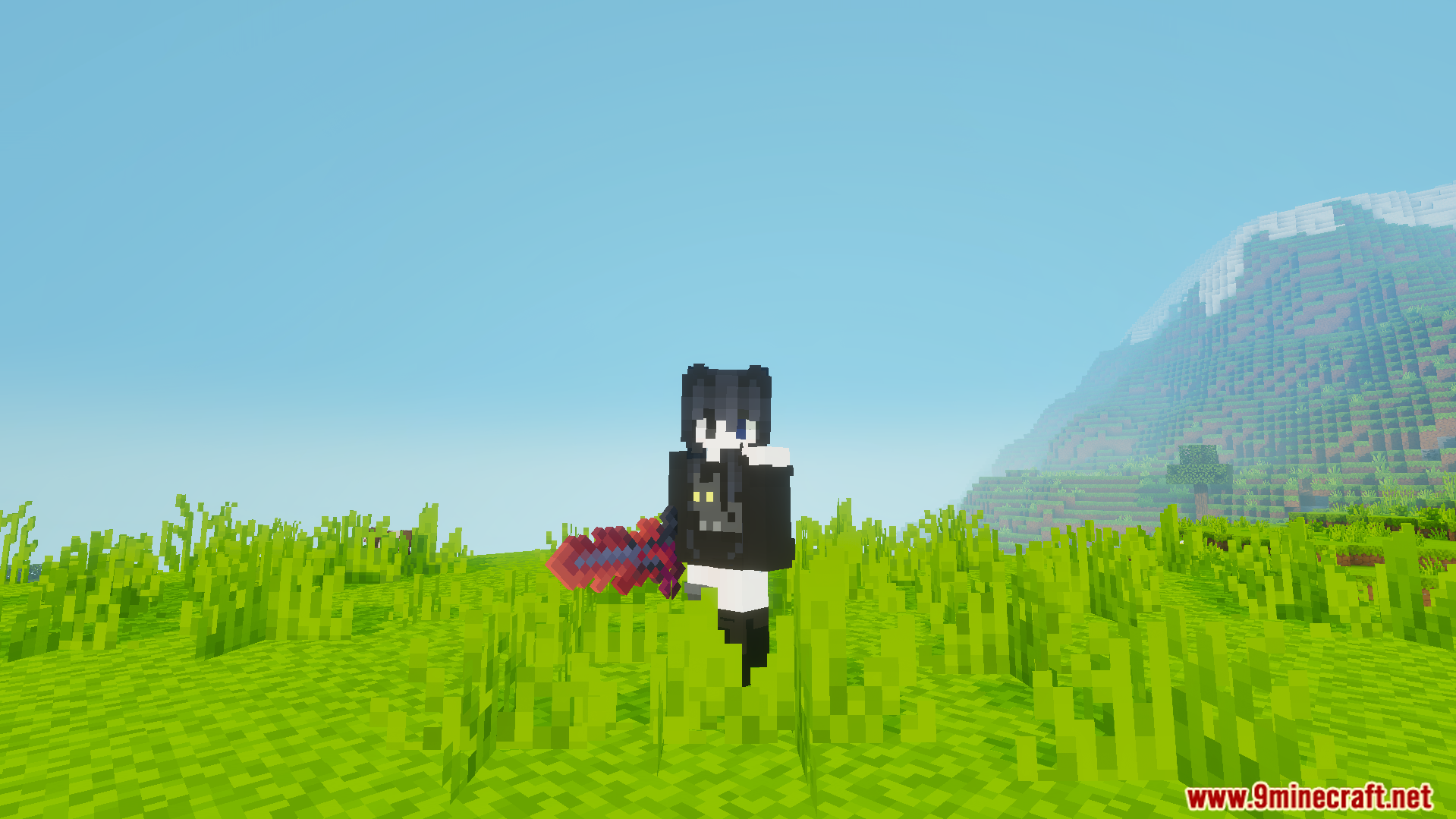 Cviko Fire Sea Tools Texture Pack Screenshot 1 Player character standing in tall grass holding a red and purple custom sword