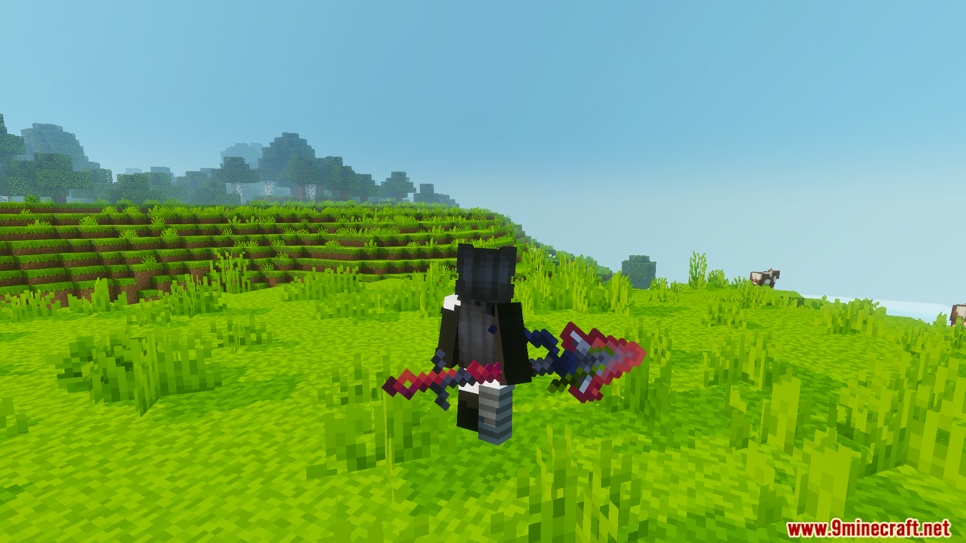 Cviko Fire Sea Tools Texture Pack Screenshot 2 Player character viewed from behind holding a large custom red and blue spear