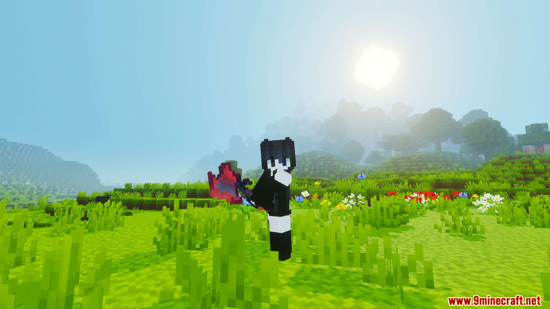 Cviko Fire Sea Tools Texture Pack Screenshot 4 Player wielding a red axe in a grassy field
