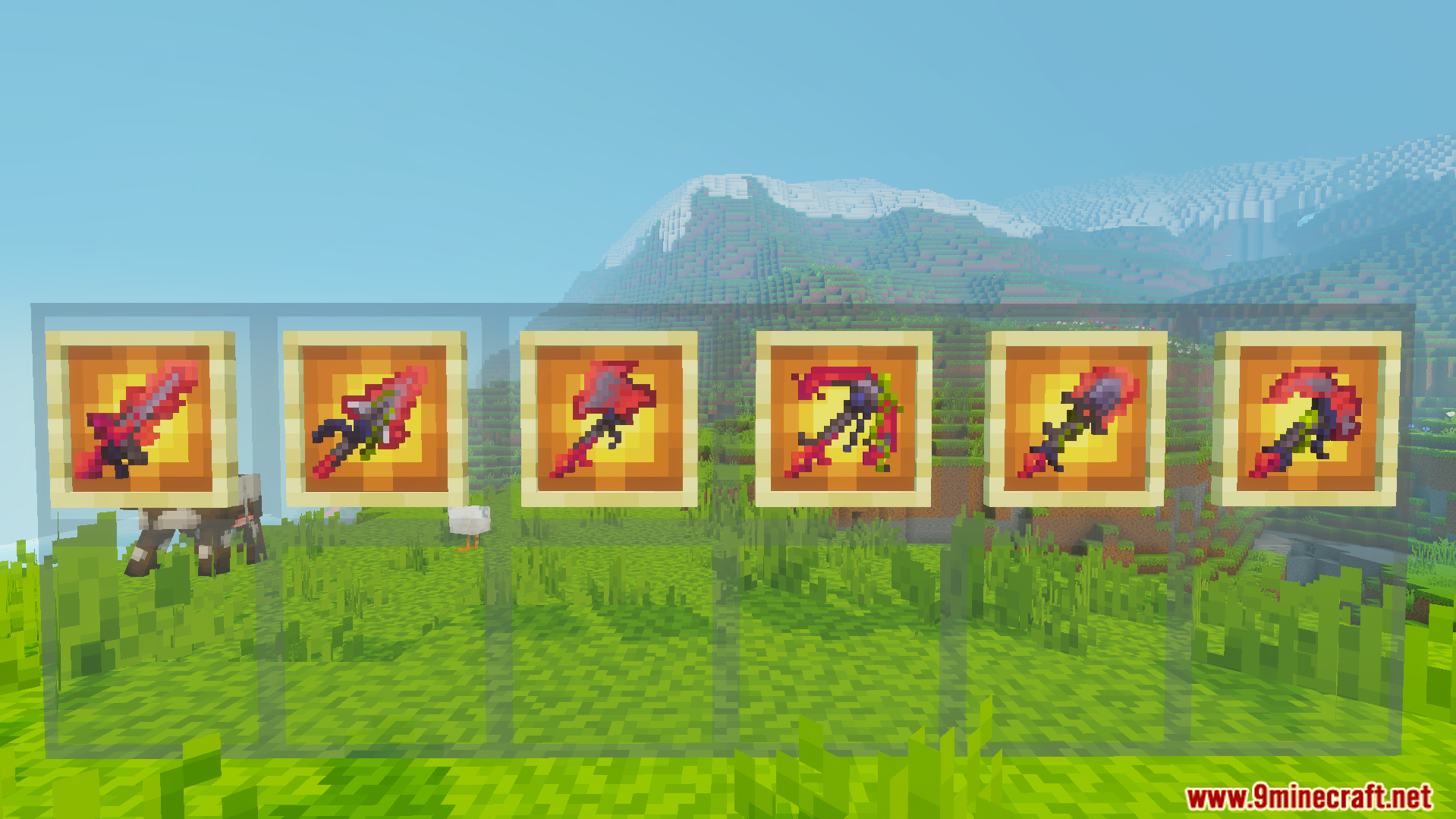 Cviko Fire Sea Tools Texture Pack Screenshot 5 Six item frames displaying custom red and black tools in a grassy landscape