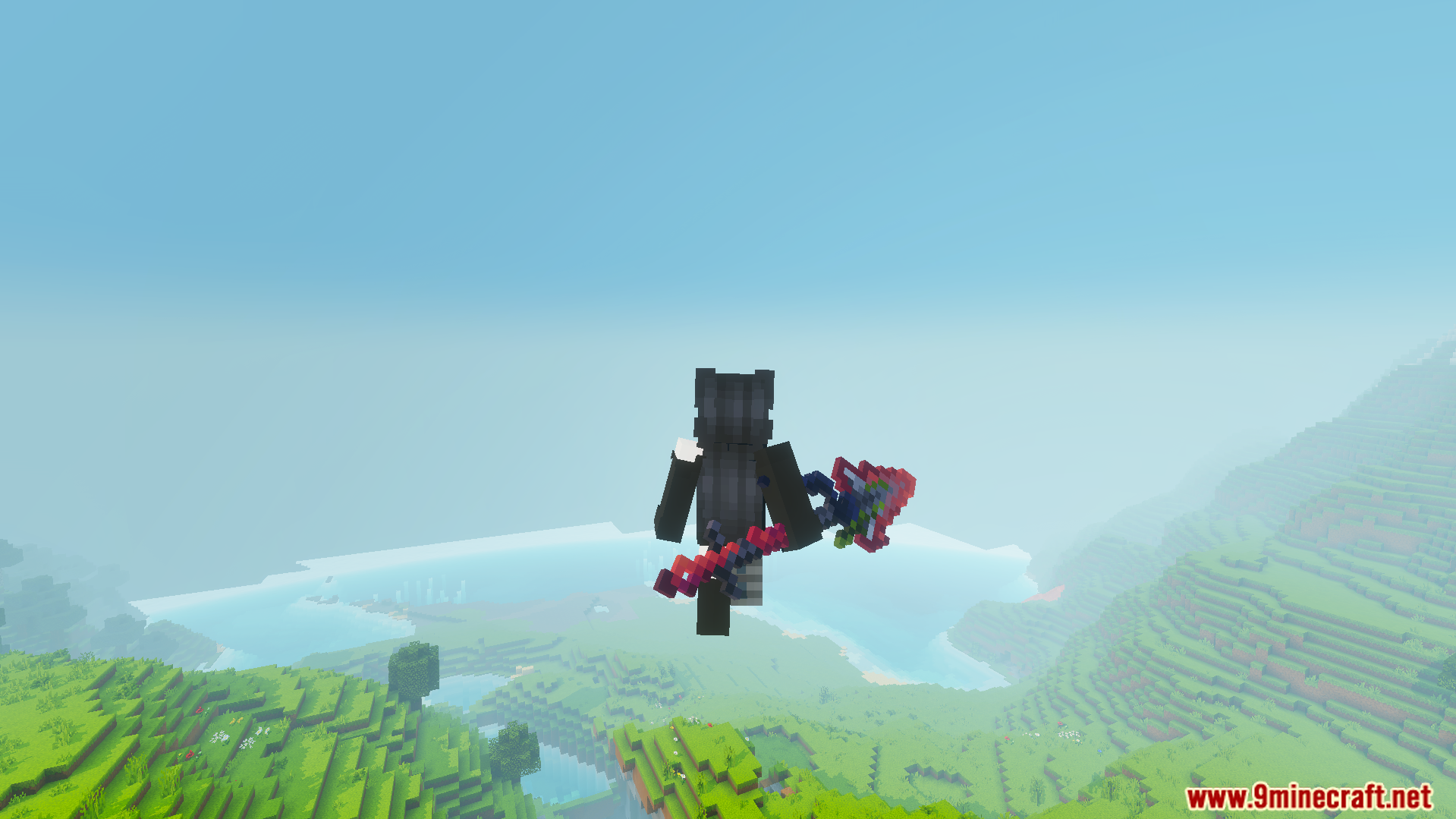 Cviko Fire Sea Tools Texture Pack Screenshot 6 Player flying over a landscape while holding a large custom red weapon
