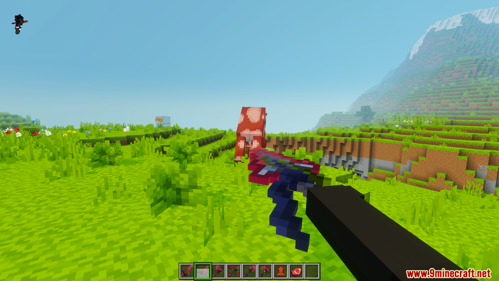 Cviko Fire Sea Tools Texture Pack Screenshot 9 Player holding a custom red and blue sword aiming at a cow
