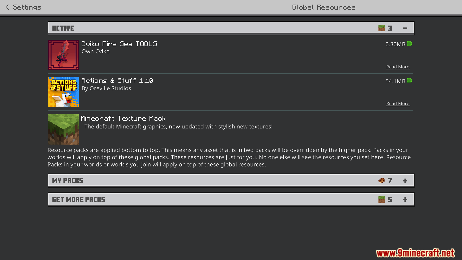 Cviko Fire Sea Tools Texture Pack Screenshot 10 Minecraft settings menu showing the active global resource packs list