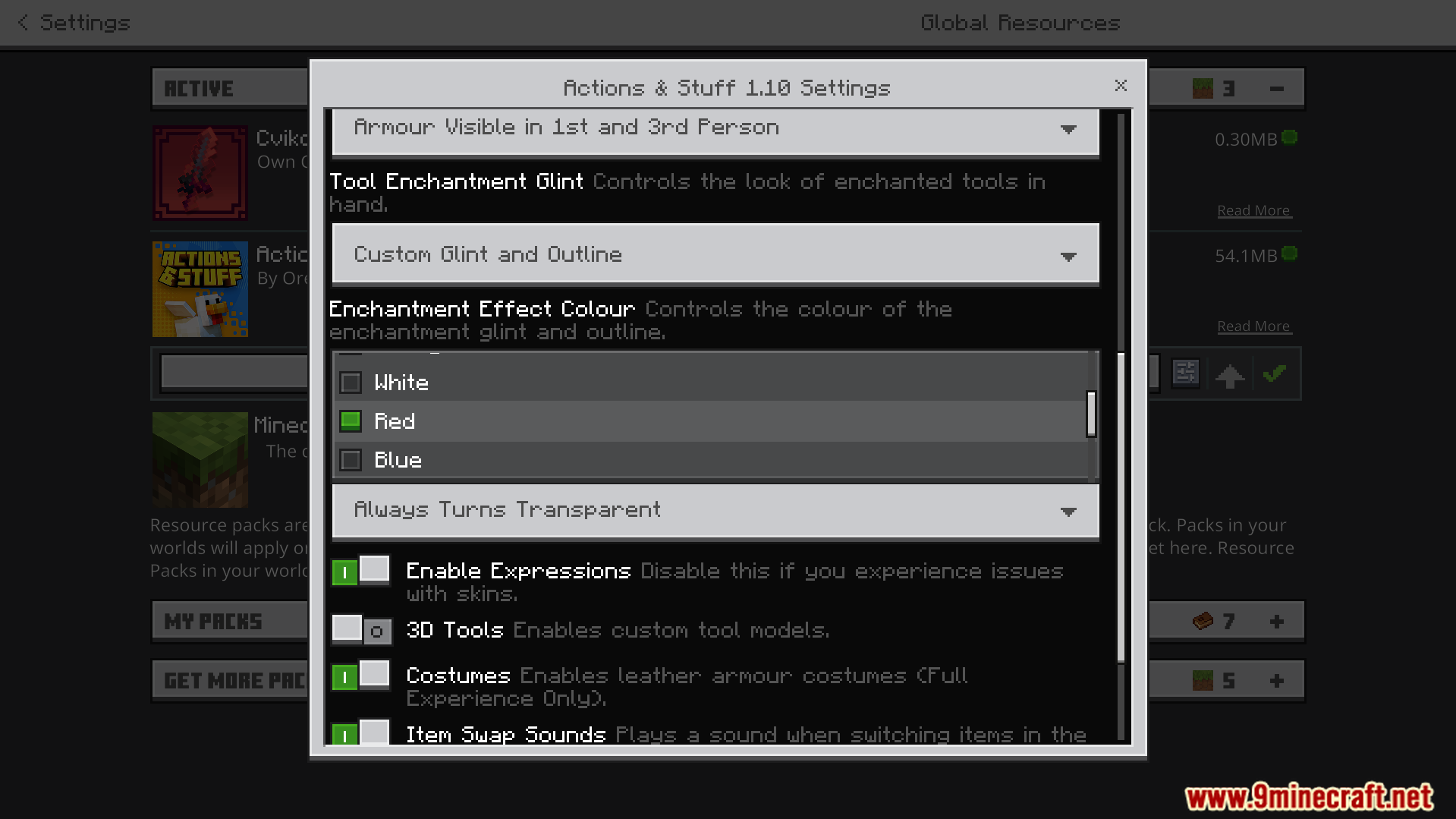 Cviko Fire Sea Tools Texture Pack Screenshot 11 Adjusting enchantment effect colors in a Minecraft resource pack configuration menu