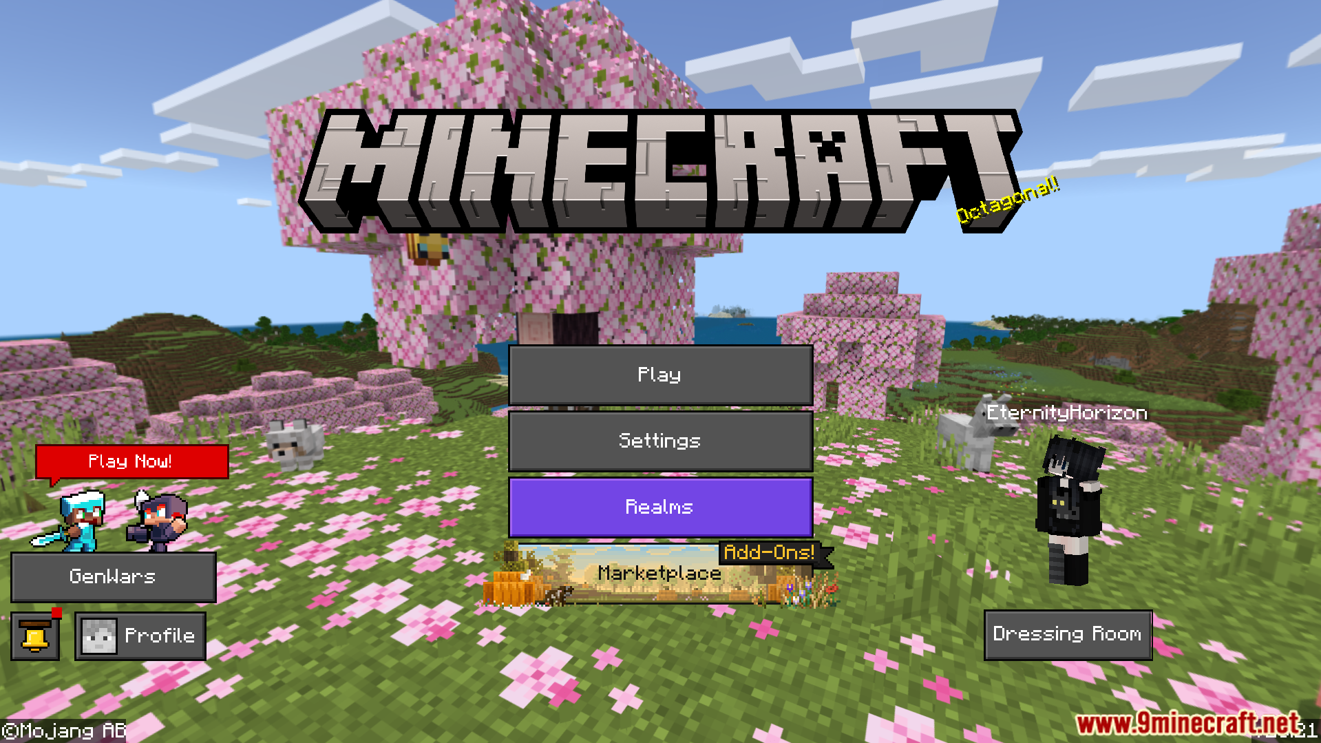Main menu screen featuring custom dark buttons and a cherry blossom tree background