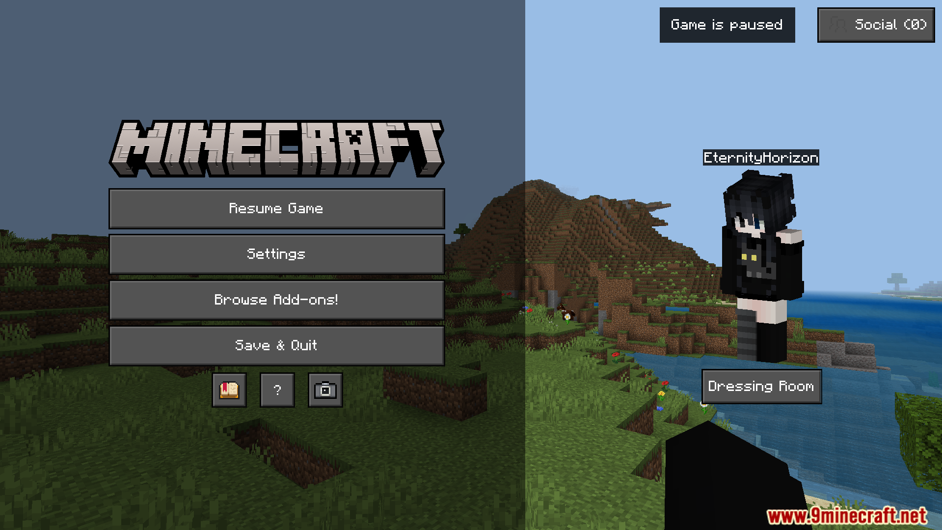 Pause menu showing a dark color style with custom buttons and player skin