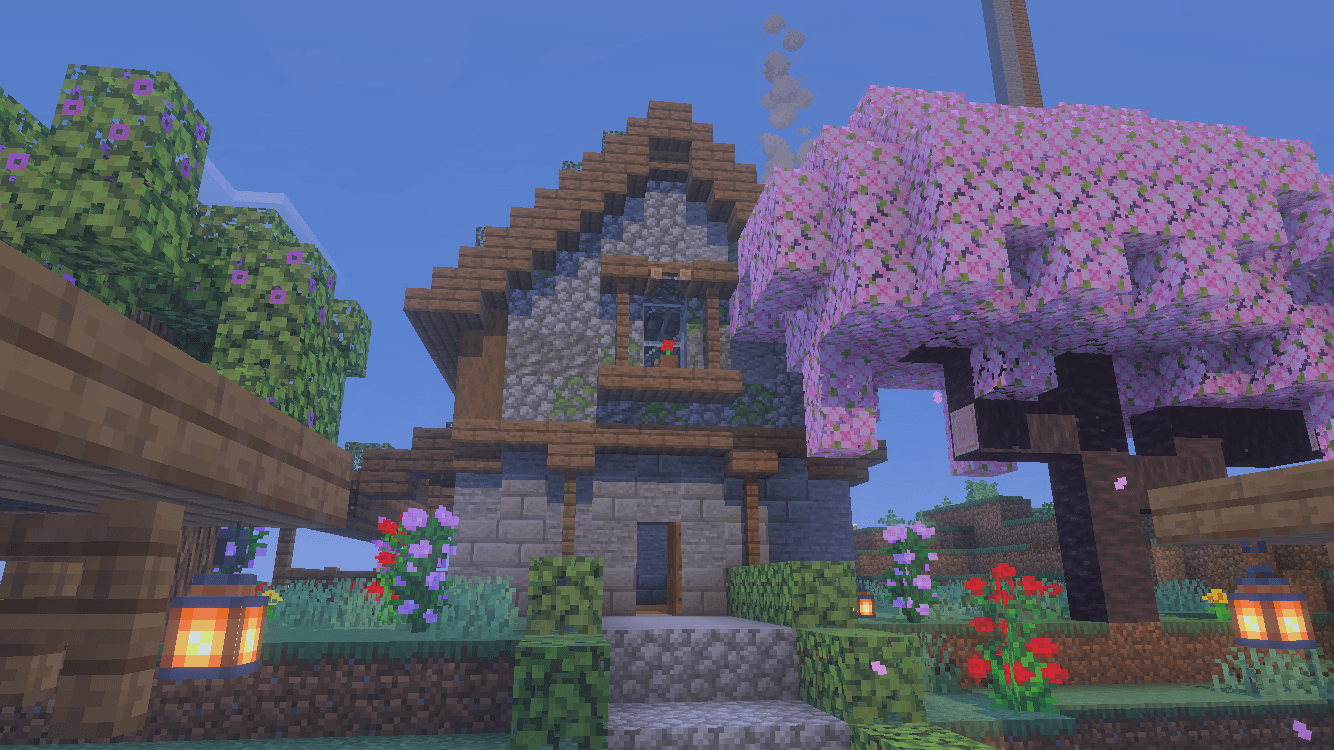 A 250 Days Bakuthebuilder Map Screenshot 2 Large medieval stone house with a pink cherry blossom tree
