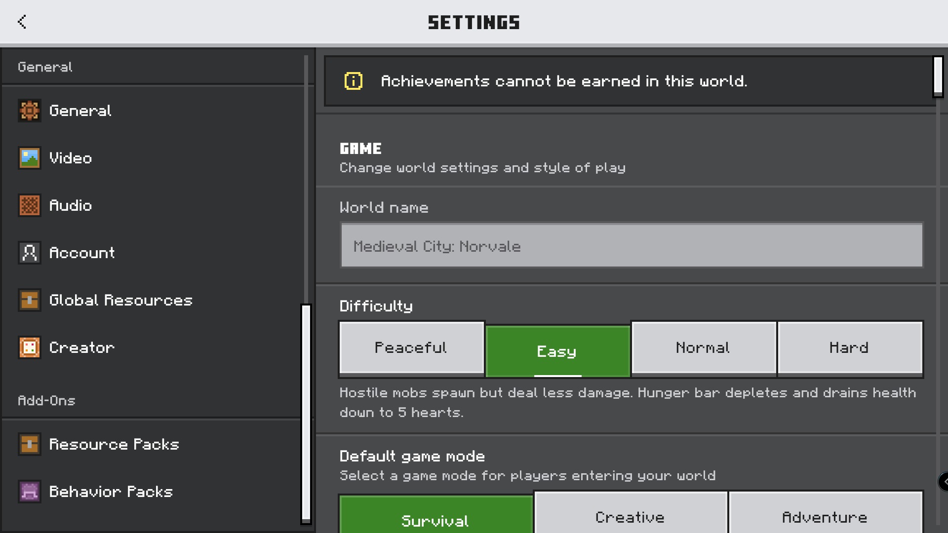 DLCraft Addon Screenshot 1 Minecraft world settings menu showing survival mode and the medieval city norvale name
