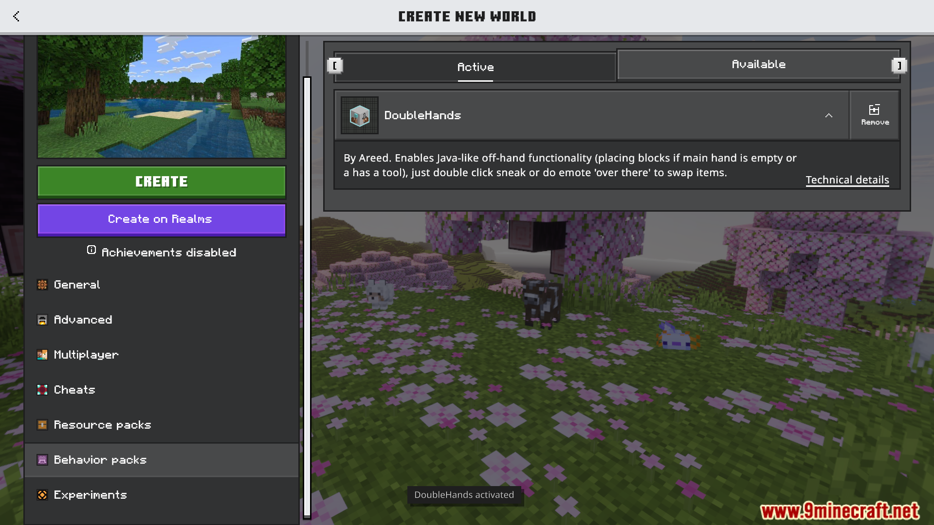 DoubleHands addon menu active in Minecraft Bedrock edition