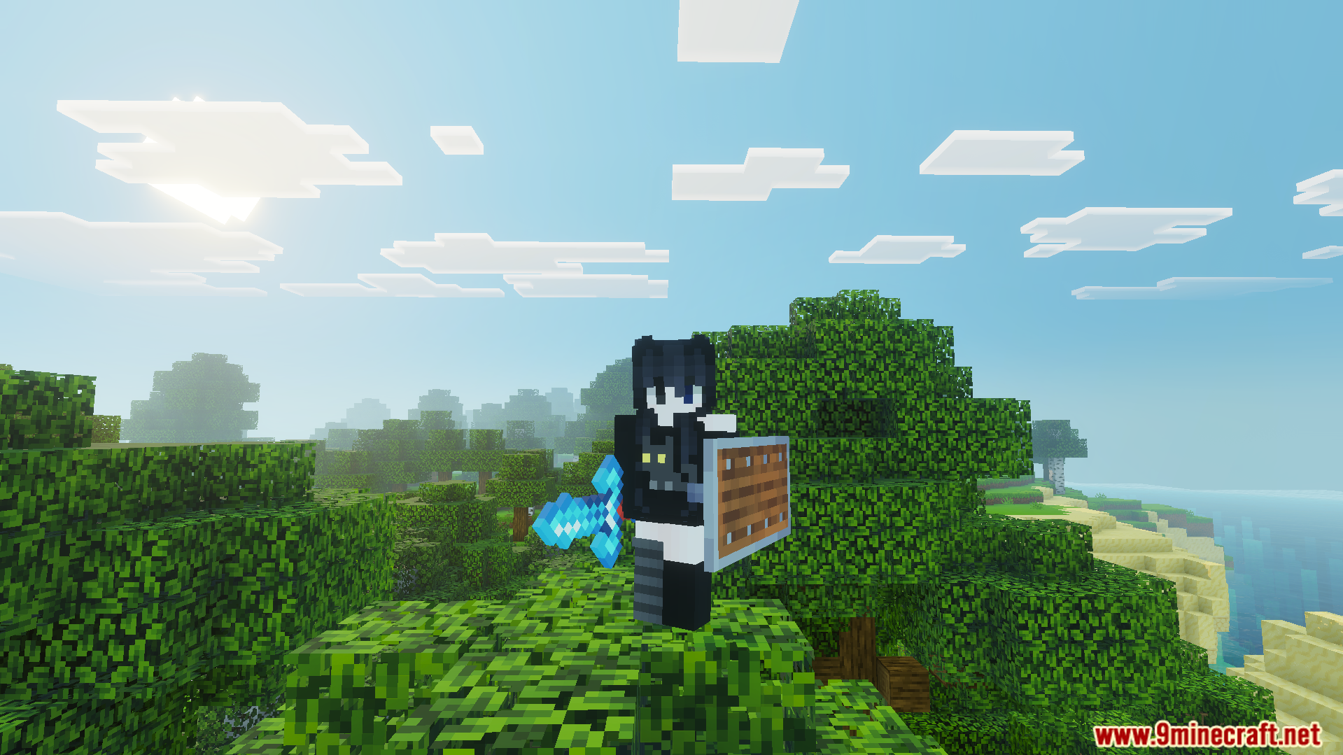 Player holding diamond sword and shield in Minecraft Bedrock