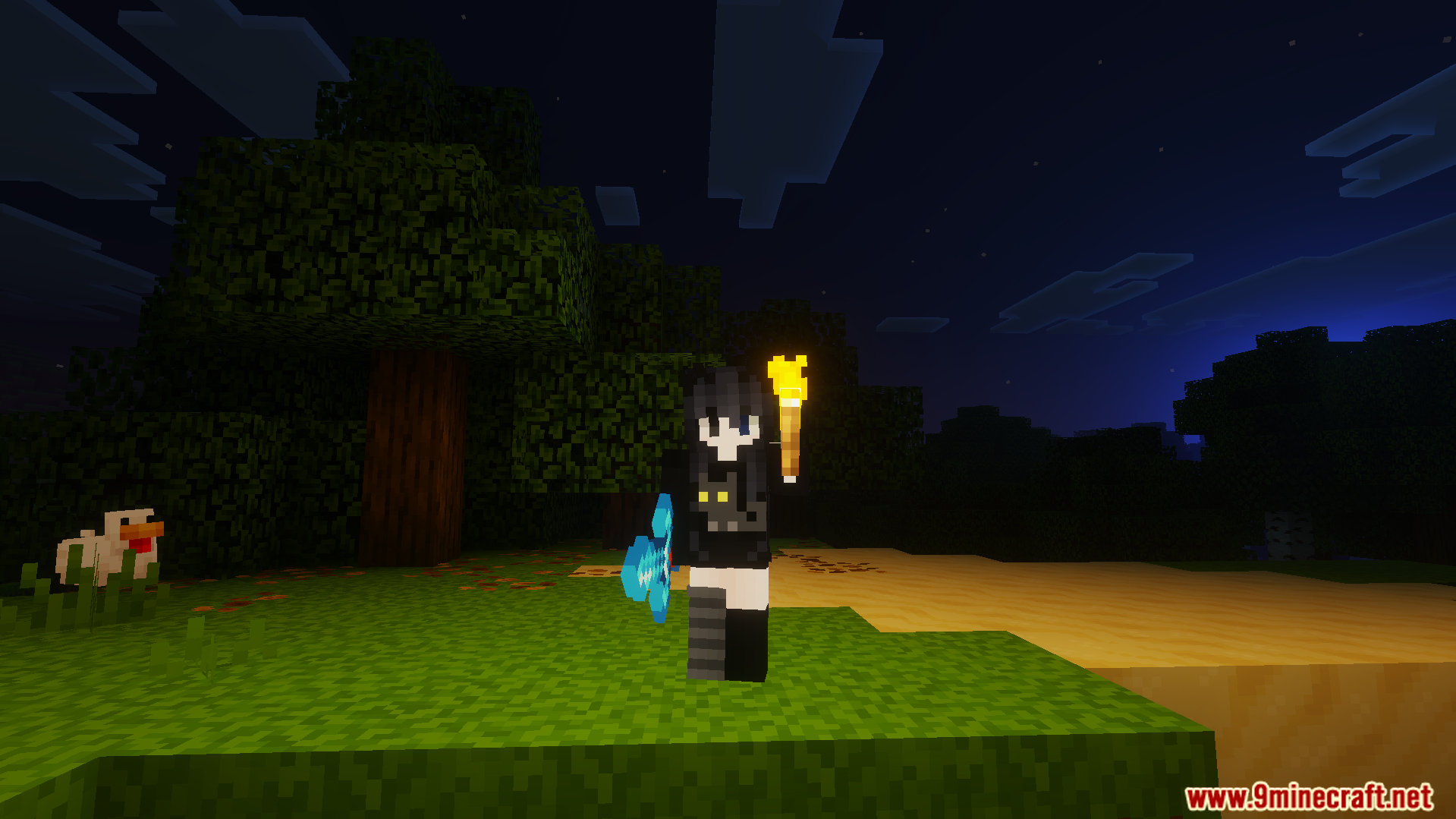 Character holding glowing torch in left hand and sword at night time