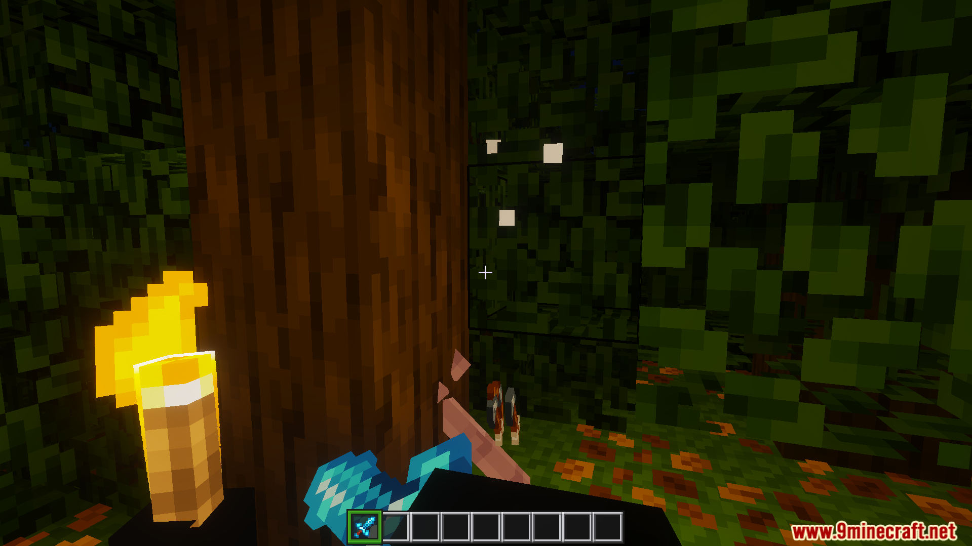 player holds torch in left hand for bright light while holding diamond sword